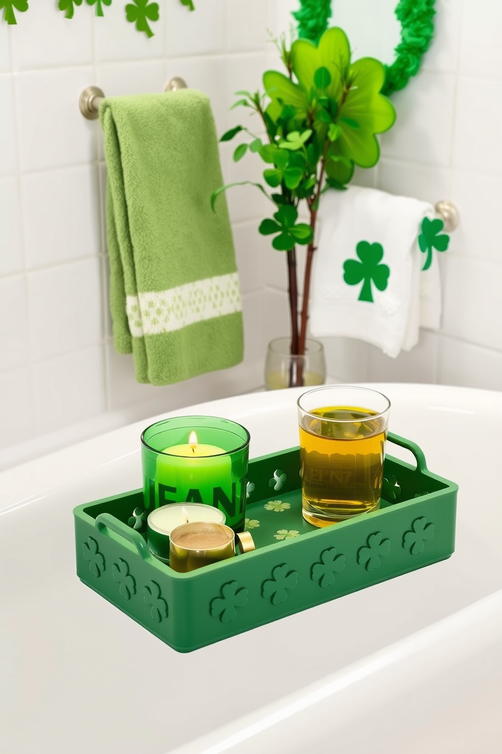 A serene bathroom setting featuring a green bath caddy designed for relaxation. The caddy holds a scented candle and a glass of refreshing herbal tea, creating a tranquil atmosphere. The bathroom is adorned with festive St. Patrick's Day decorations. Shamrock-themed towels are neatly arranged, and a vibrant green plant adds a touch of nature to the space.