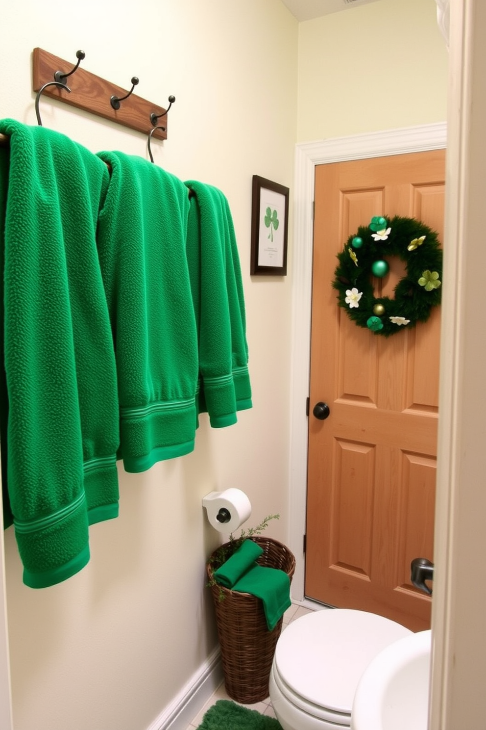 A stylish bathroom adorned with emerald green towels neatly arranged on a wooden rack. The space features subtle St. Patrick's Day decorations, including small shamrock accents and a festive wreath on the door.