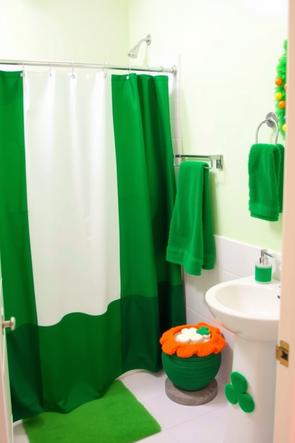 A vibrant bathroom setting featuring accessories in the colors of the Irish flag. The bath towels, shower curtain, and soap dispenser showcase shades of green, white, and orange, creating a festive atmosphere for St. Patrick's Day.