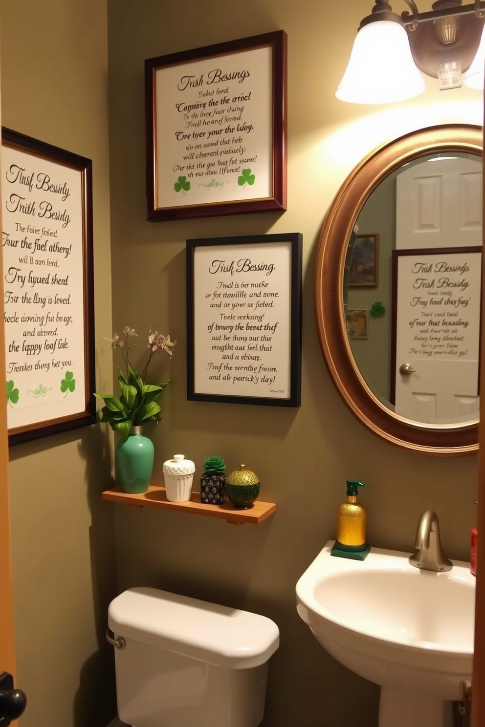 A charming bathroom adorned with Irish blessing wall art prints that evoke a sense of warmth and tradition. The decor features subtle hints of green and gold to celebrate St. Patrick's Day, creating a festive yet elegant atmosphere.