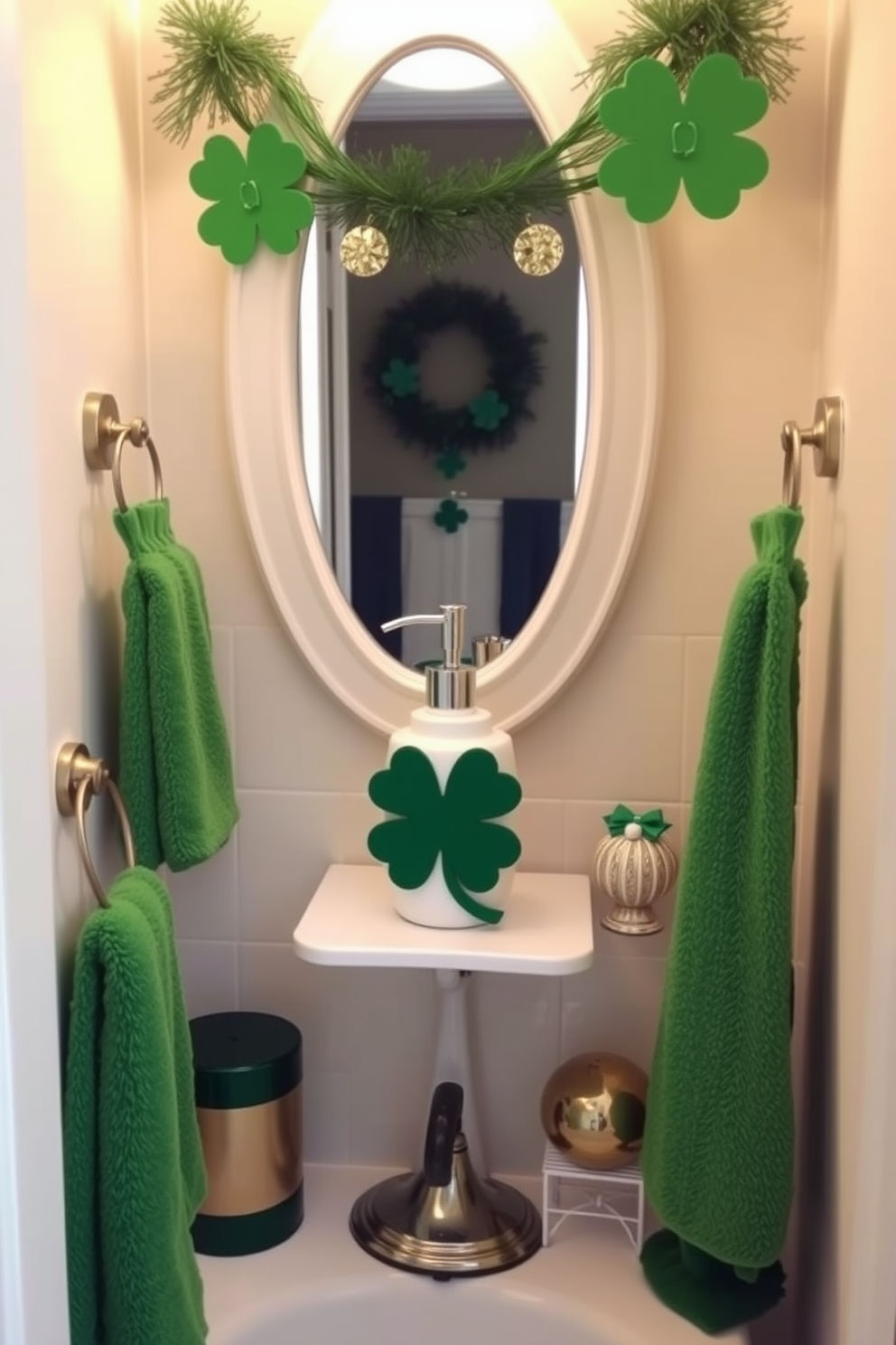 A charming bathroom adorned with St. Patrick's Day decorations. The focal point is a clover-shaped soap dispenser, adding a festive touch to the space. Surrounding the soap dispenser are green and gold accents, including towels and decorative items. Soft lighting enhances the cheerful atmosphere, creating a welcoming environment for guests.