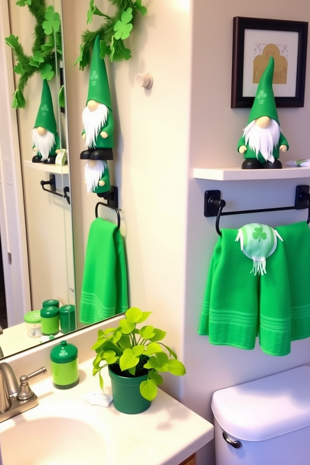 A charming bathroom adorned with lucky gnome decor accents. The gnomes are placed on the countertop and shelves, adding a playful touch to the St. Patrick's Day theme. Bright green towels are neatly hung, featuring festive shamrock patterns. A small potted plant with vibrant green leaves complements the cheerful decor.