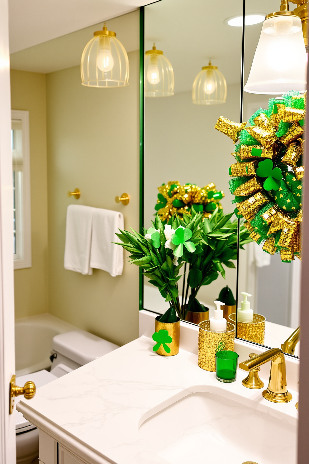 A luxurious bathroom adorned with gold glittery accessories that sparkle under soft lighting. The gold touches are complemented by elegant white fixtures and a sleek marble countertop. A festive bathroom setting inspired by St. Patrick's Day, featuring green and gold decorations. Shamrock-themed accents and playful touches create a cheerful atmosphere perfect for the holiday.