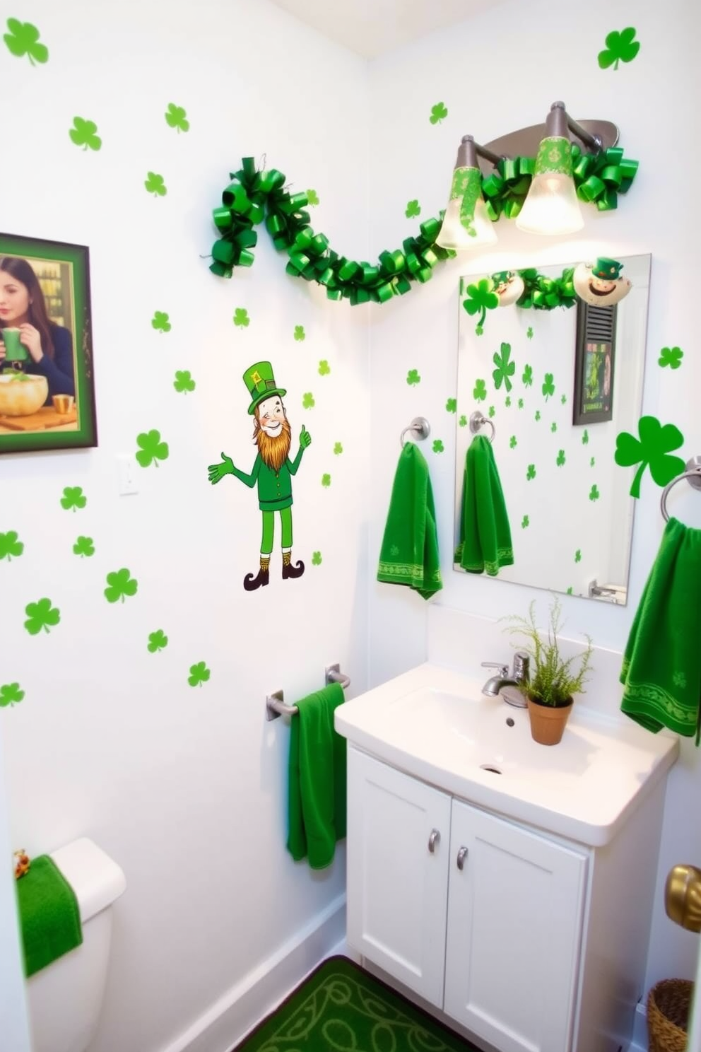 Create a vibrant bathroom setting adorned with St. Patrick's Day themed wall decals featuring shamrocks and leprechauns. The walls are painted a soft white to contrast with the lively green accents, and a festive garland hangs above the mirror. Incorporate playful decorations such as green towels and a decorative rug with a Celtic pattern. A small potted plant adds a touch of freshness, completing the cheerful holiday atmosphere.