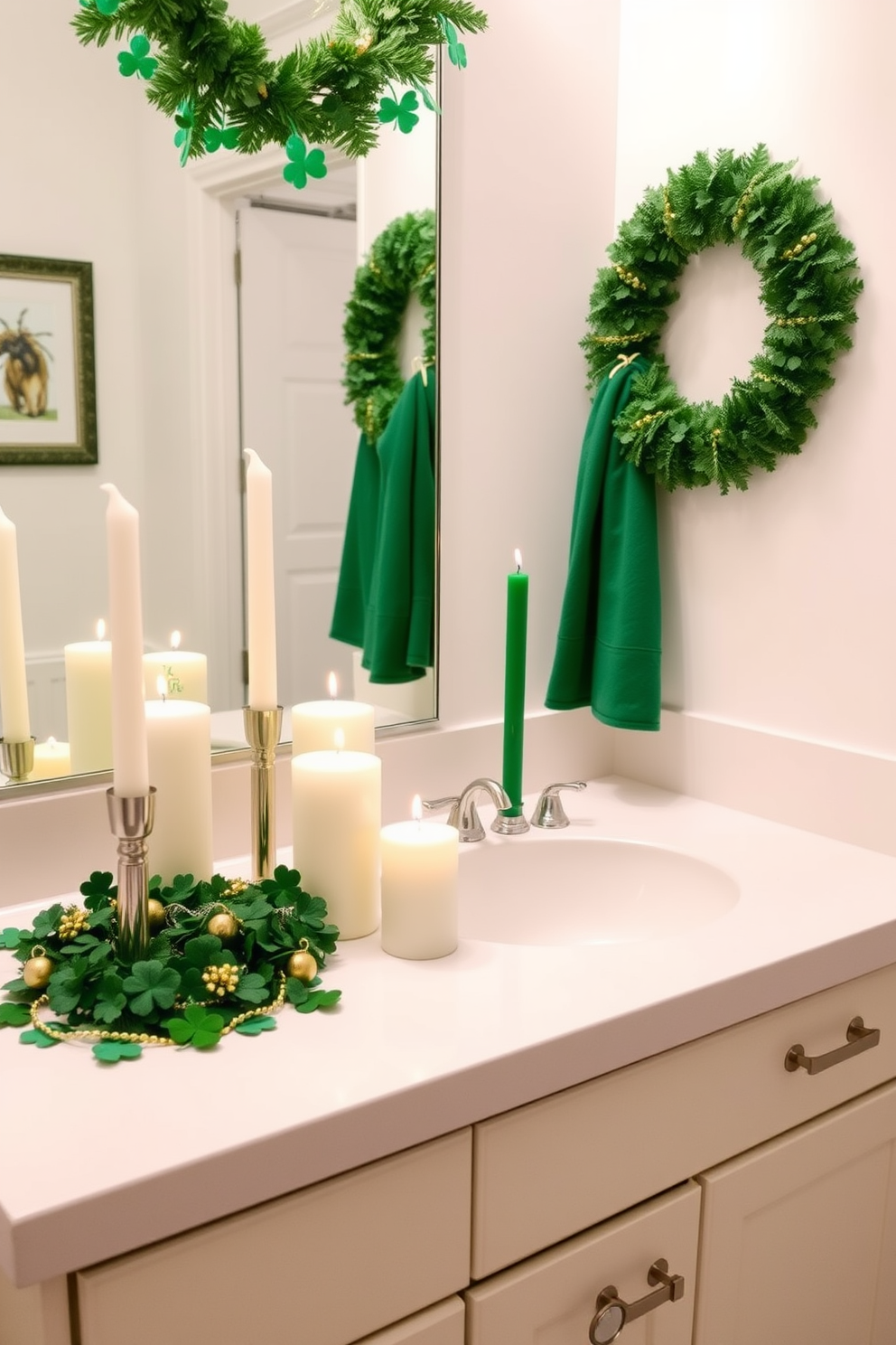 A charming bathroom setting adorned with festive green and white candles to celebrate St. Patrick's Day. The candles are arranged on a sleek countertop, surrounded by decorative elements like shamrocks and small golden accents to enhance the festive spirit.