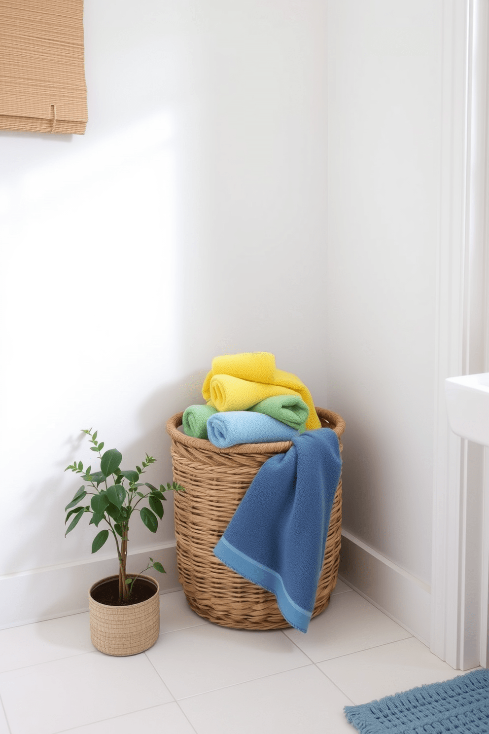 A decorative basket filled with colorful towels in various shades of blue, green, and yellow sits in the corner of a bright and airy bathroom. The basket is woven from natural fibers, adding a rustic touch to the modern decor. The walls are painted in a soft white, creating a clean backdrop that highlights the vibrant colors of the towels. A small potted plant is placed next to the basket, bringing a touch of nature into the space.