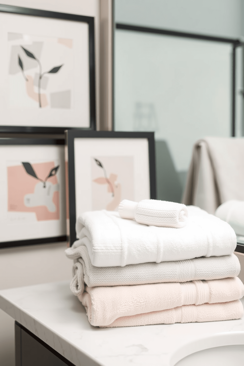 A stylish bathroom towel display featuring a set of neatly arranged towels in soft pastel colors. Behind the towel display, a collection of framed artwork adds a touch of elegance, showcasing abstract designs that complement the bathroom's color palette.