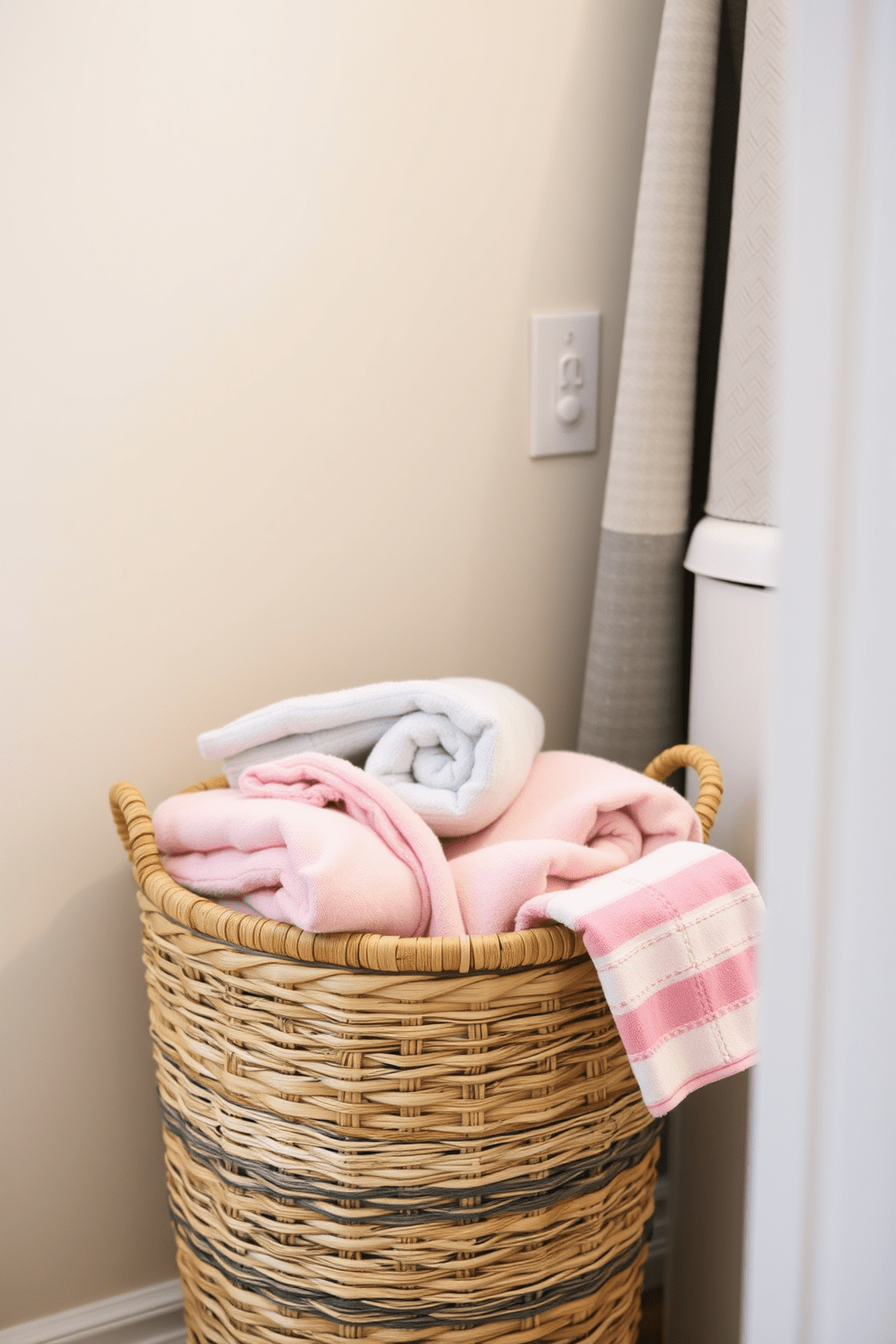 A stylish bathroom featuring a decorative bin filled with neatly folded towels. The bin is made of woven natural fibers and complements the overall color scheme of the space. The towels are arranged in a gradient of soft pastels, adding a touch of warmth and elegance. The backdrop includes a serene wall color that enhances the calming atmosphere of the bathroom.