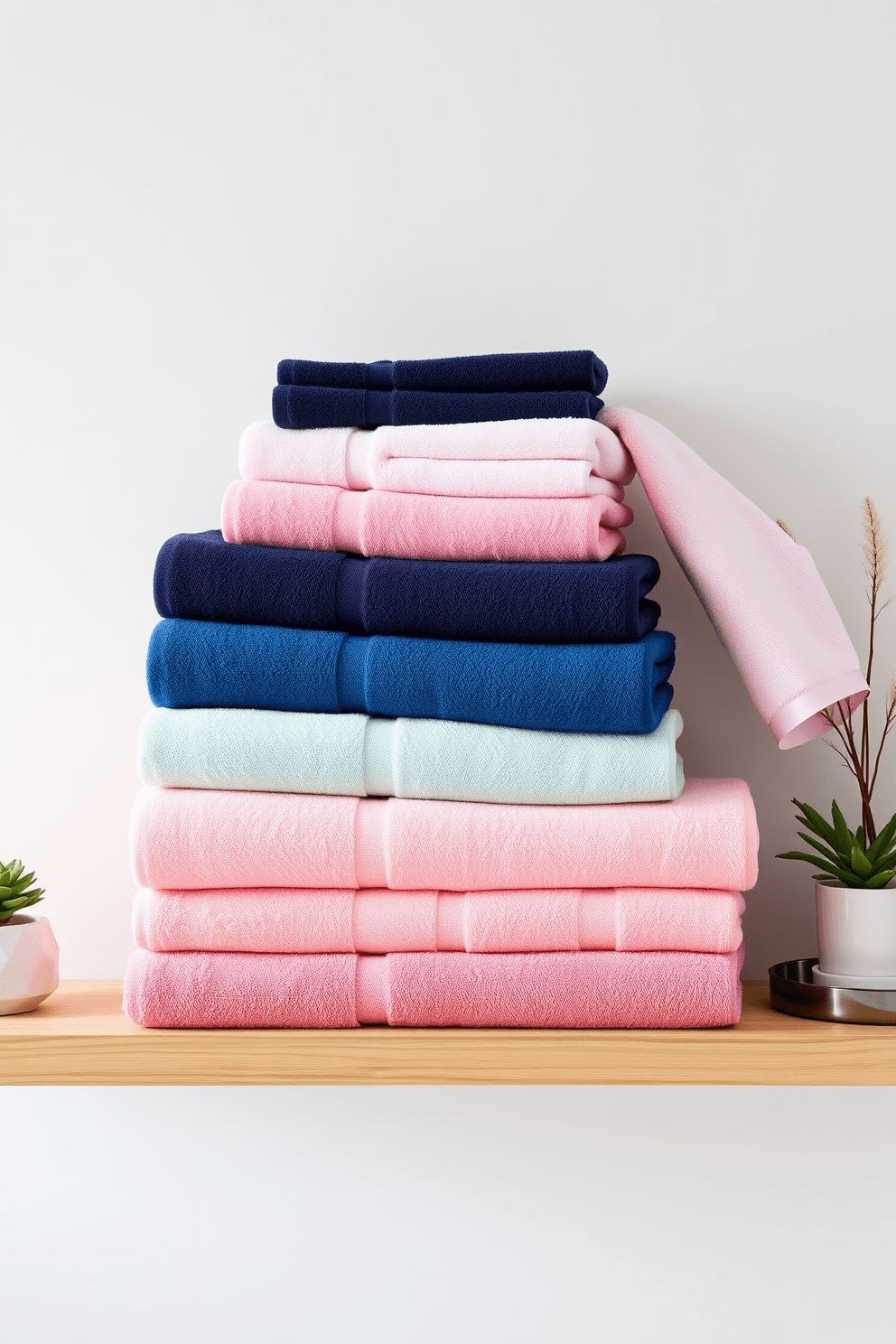 A collection of towels is arranged by color gradient, creating a visually striking display that transitions smoothly from deep navy blue to soft pastel pink. Each towel is neatly folded and stacked, showcasing the rich textures and luxurious fabrics that elevate the bathroom's aesthetic. The towels are placed on a sleek wooden shelf, complemented by minimalist decor elements such as a small potted plant and a decorative tray. The background features a calming neutral wall color that enhances the vibrant hues of the towels, adding a touch of elegance to the overall design.