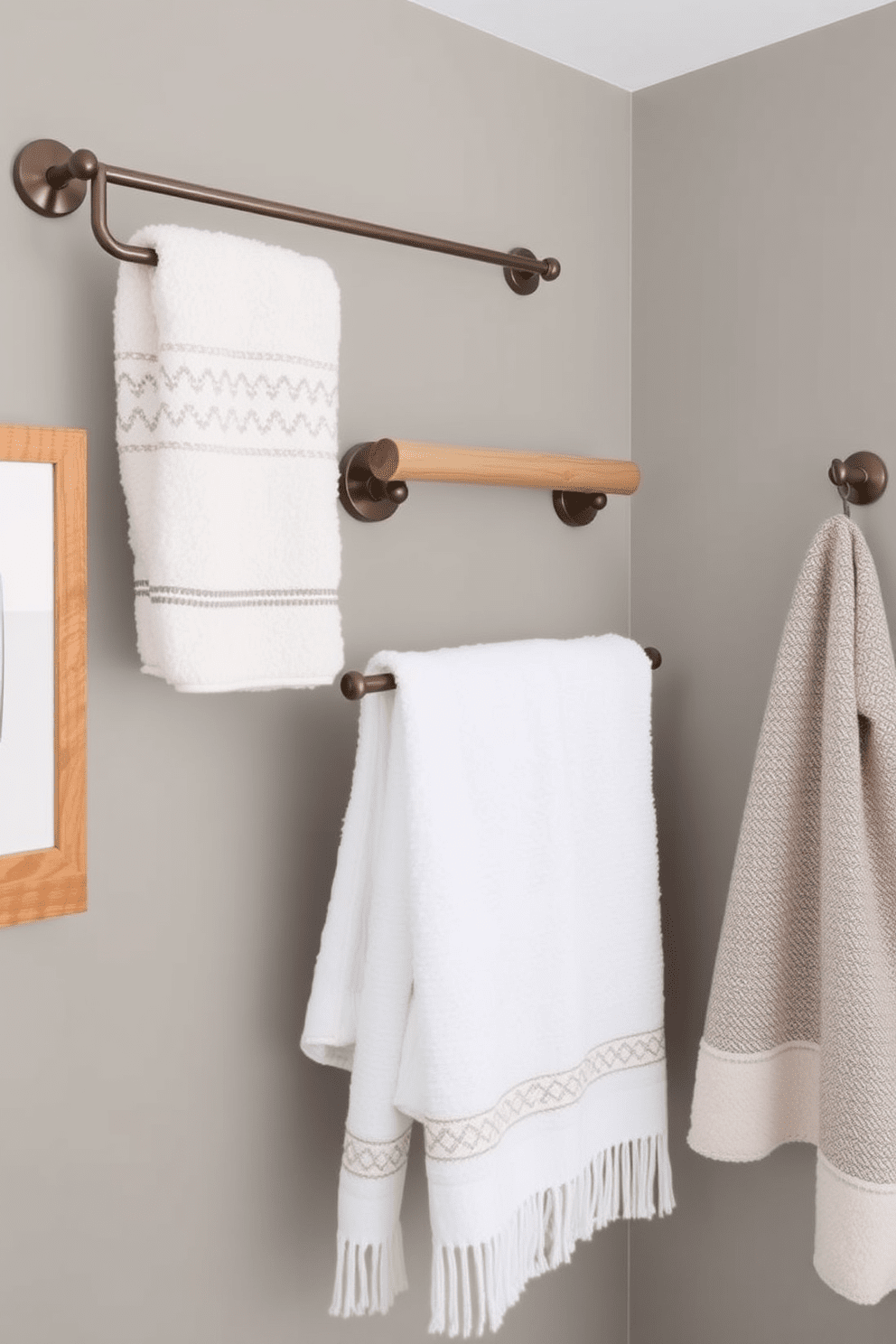 Hanging towels on decorative rods creates an elegant and organized bathroom space. Choose rods that complement your bathroom decor, whether they are sleek metal or rustic wood finishes. Incorporate a variety of textures and colors in your towel selection to enhance visual interest. Consider using matching or coordinating towels to create a cohesive look while adding a touch of luxury.