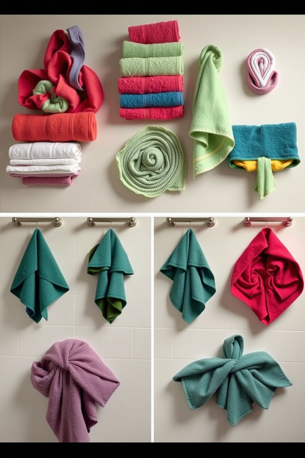 A creative display of towel art adorns the walls, showcasing an array of colorful towels folded and arranged into intricate shapes. The vibrant colors and textures of the towels add a playful yet elegant touch to the bathroom ambiance. Various towel design ideas are incorporated, featuring unique folding techniques and artistic arrangements that transform ordinary towels into stunning wall art. This innovative approach elevates the space, making it both functional and visually appealing.