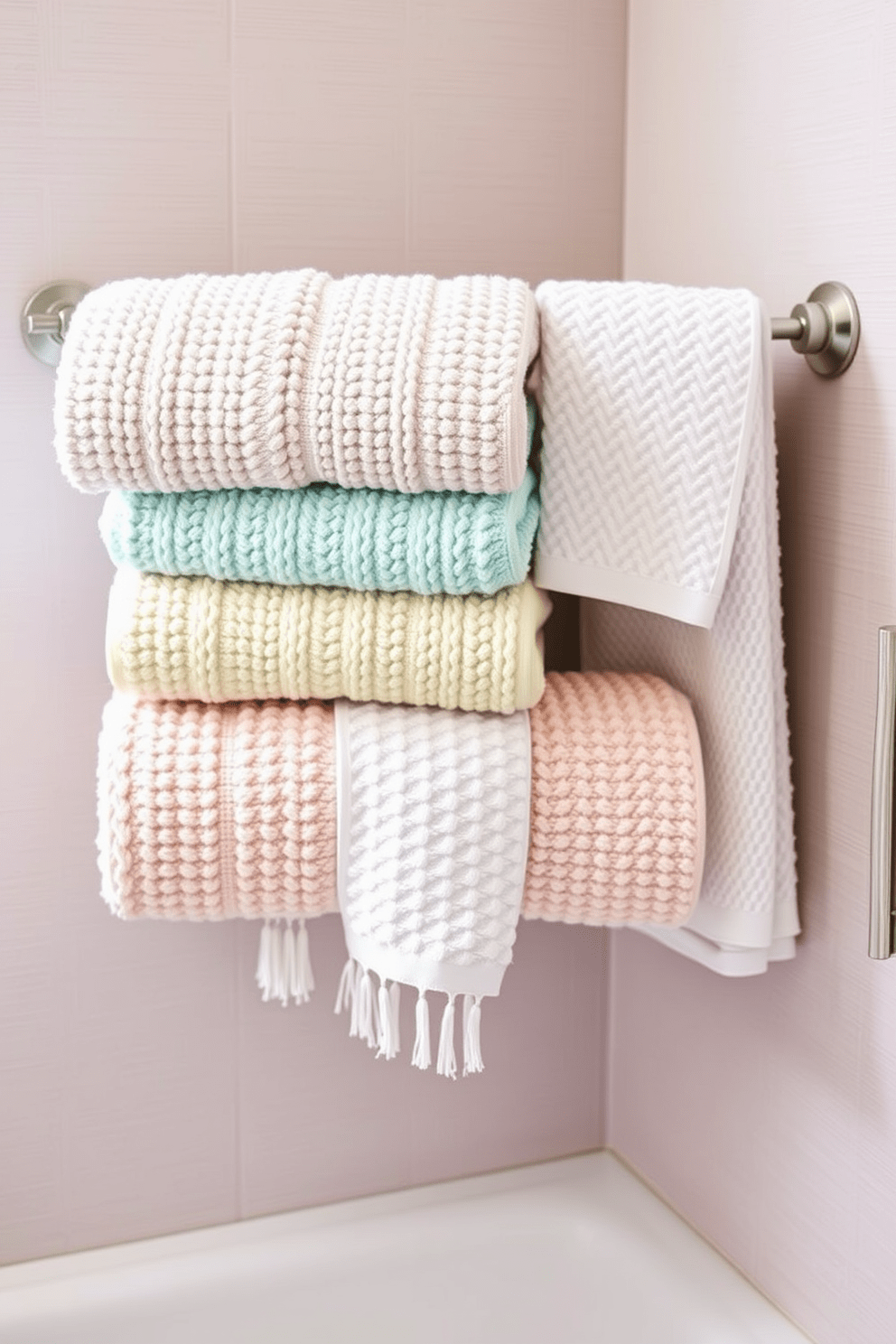 Textured towels in a variety of soft pastel colors are elegantly arranged on a stylish wooden rack. Each towel features a unique pattern, adding depth and interest to the bathroom decor. The towels are complemented by a sleek, modern towel bar finished in brushed nickel. Surrounding the towels, the bathroom walls are adorned with subtle wallpaper that enhances the overall aesthetic.