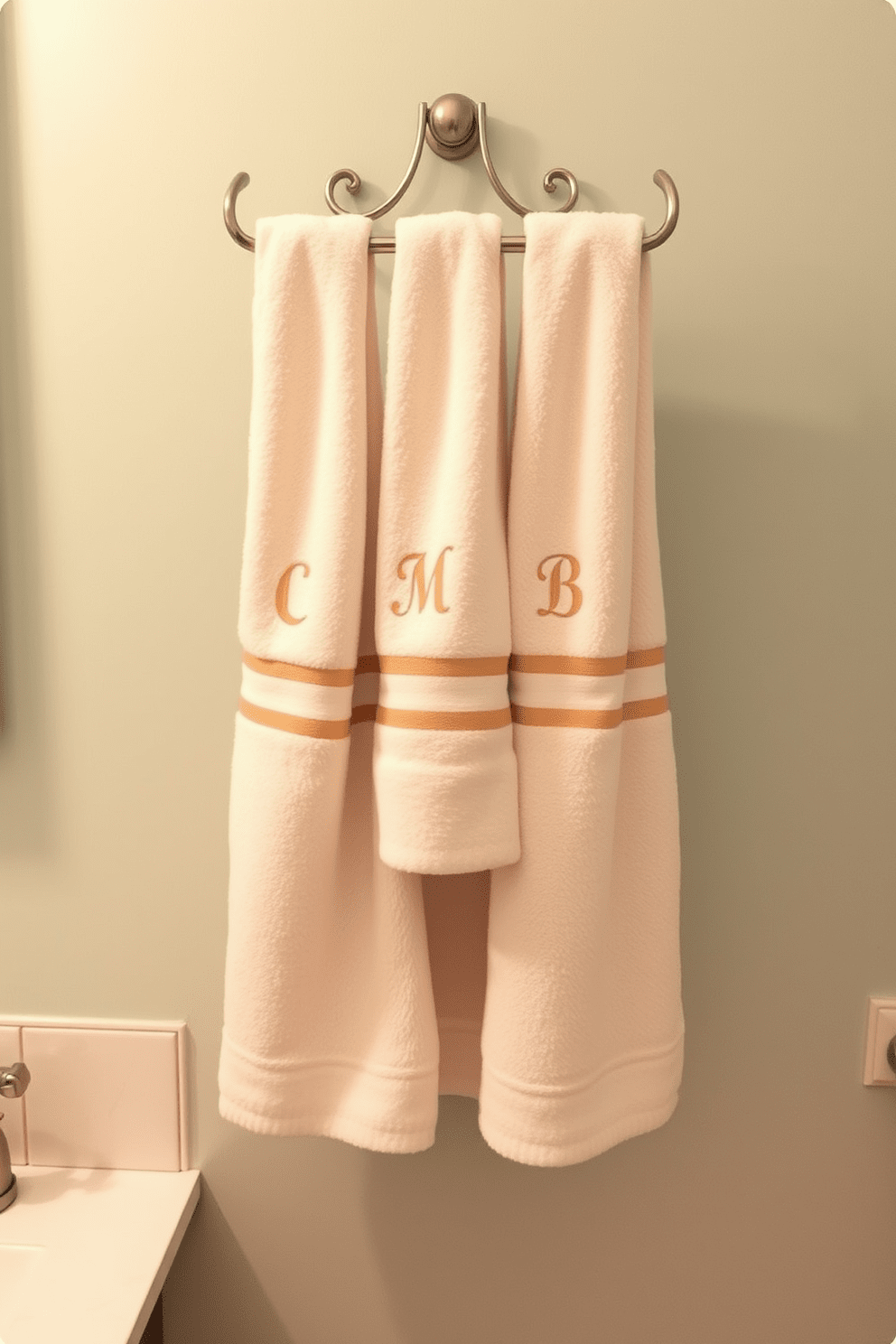 Create a cozy bathroom setting featuring personalized towels that add a unique touch to the decor. The towels are elegantly displayed on a stylish rack, embroidered with the initials of the homeowner, complementing the overall color scheme of the room. Incorporate a modern towel design that blends functionality with aesthetics. Choose soft, plush fabrics in soothing colors that harmonize with the bathroom's ambiance, creating a welcoming and luxurious feel.