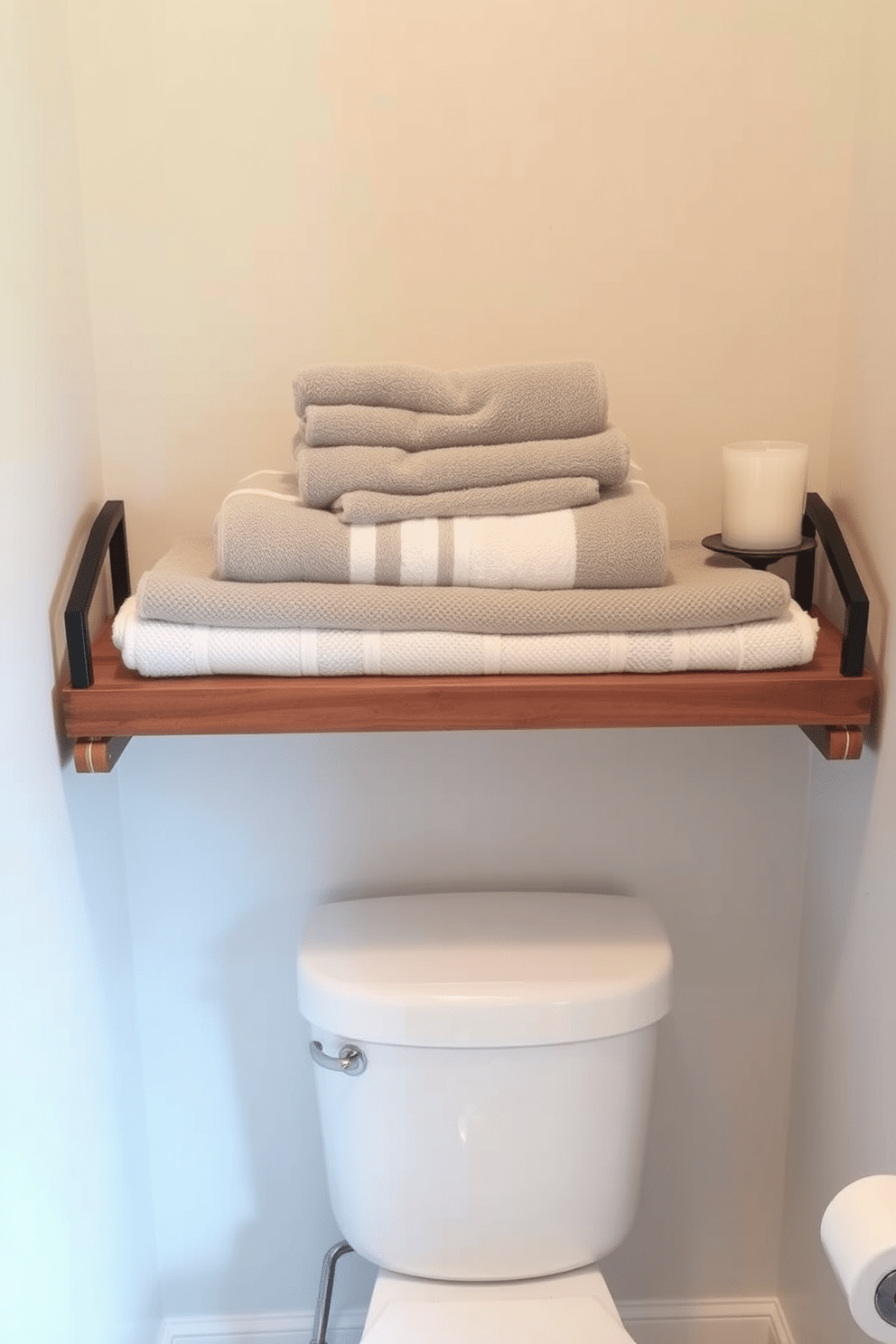 A stylish towel shelf is elegantly positioned above the toilet, crafted from reclaimed wood for a rustic touch. Neatly folded towels in varying shades of soft gray and cream are displayed, creating a serene and inviting atmosphere. The shelf is adorned with decorative accents such as a small potted plant and a chic candle, adding warmth and character to the space. Below, the toilet is complemented by a modern, minimalist design that enhances the overall aesthetic of the bathroom.