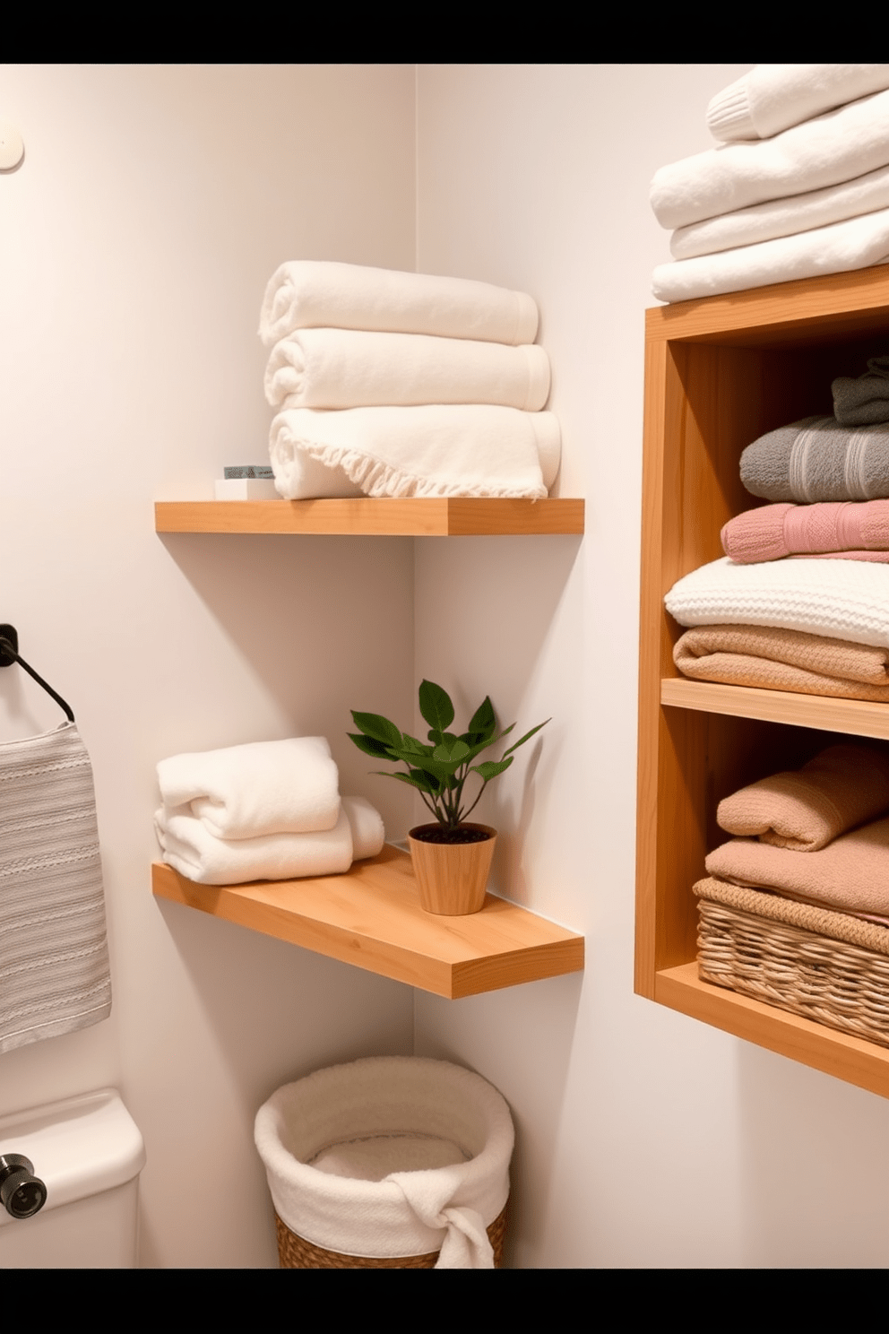 A cozy bathroom setting featuring open shelves filled with neatly layered towels in various colors and textures. The shelves are made of natural wood, providing a warm contrast to the white walls, and decorative baskets are placed underneath for added storage. Soft, plush towels are arranged in a visually appealing manner, showcasing a harmonious color palette that complements the overall decor. A small potted plant sits on one of the shelves, adding a touch of greenery and freshness to the space.