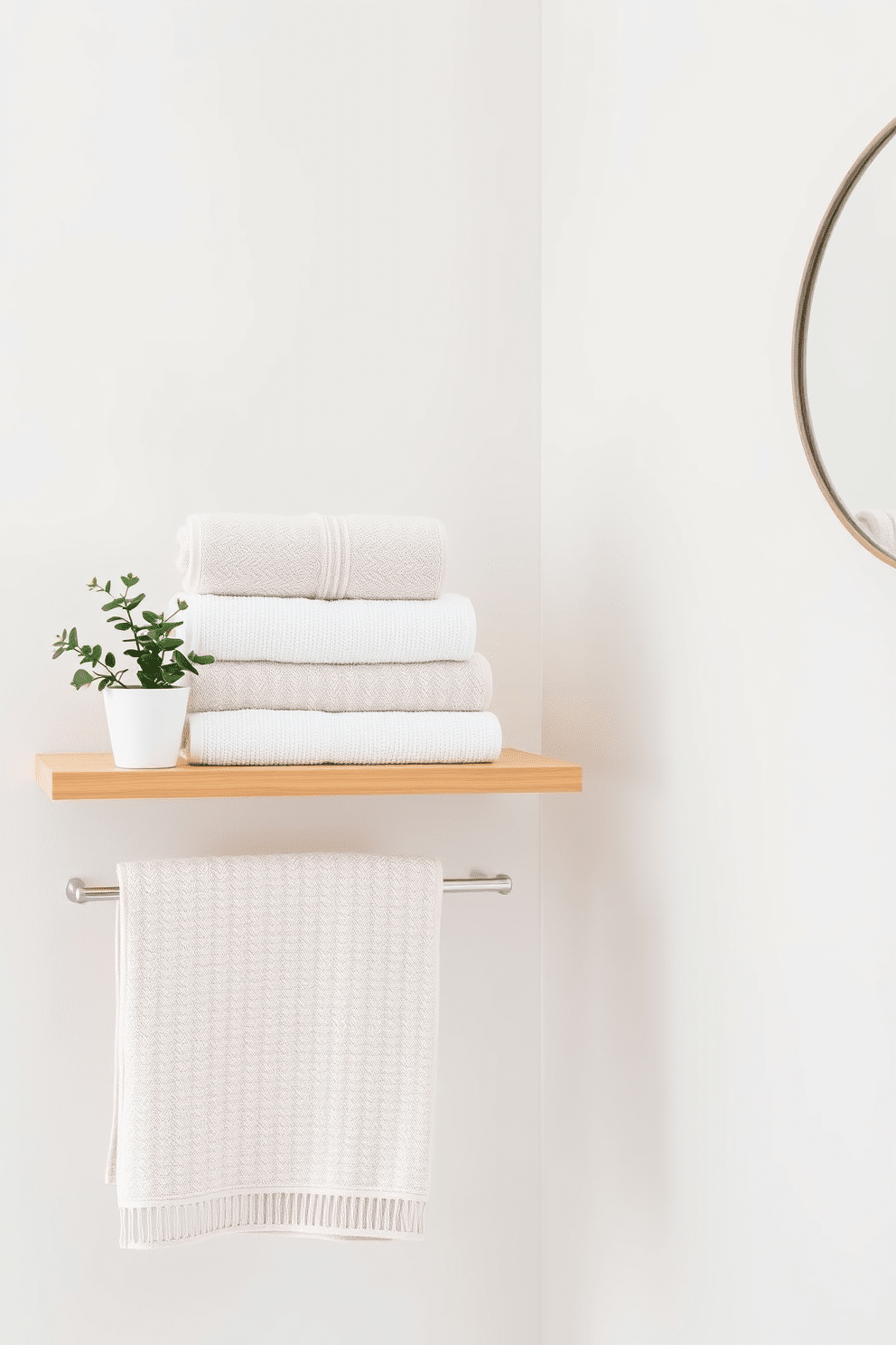 A minimalist bathroom setting featuring neatly stacked towels on a simple wooden shelf. The towels are arranged in soft neutral tones, creating a serene and inviting atmosphere. The walls are painted in a crisp white, enhancing the clean aesthetic of the space. A small potted plant sits beside the towels, adding a touch of greenery and warmth to the design.