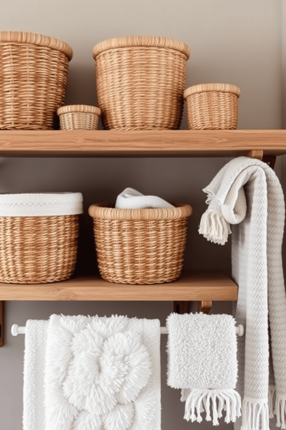 A collection of woven baskets in various sizes arranged neatly on a wooden shelf. The baskets feature natural fibers and earthy tones, adding warmth and texture to the bathroom decor. Stylish towel designs featuring soft, fluffy textures in calming pastel colors. Each towel is elegantly displayed on a decorative rack, enhancing the overall aesthetic of the bathroom space.