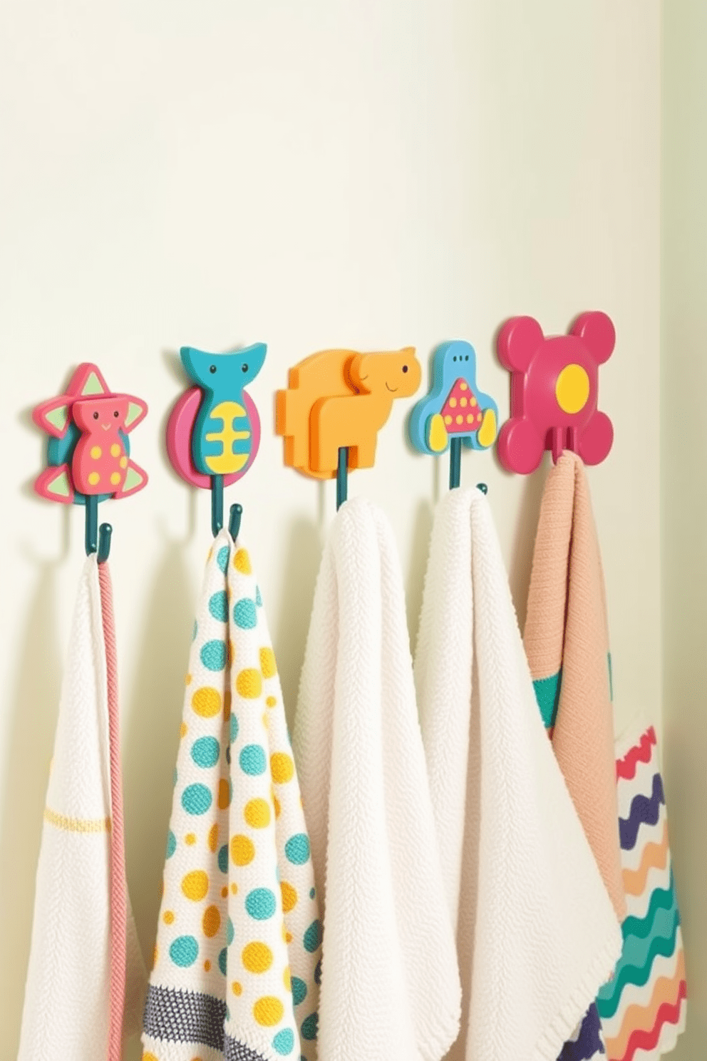 Decorative hooks with vibrant colors and fun shapes are mounted on a light pastel wall, creating a playful atmosphere in the bathroom. Each hook is uniquely designed, featuring whimsical motifs like animals or geometric patterns, adding a touch of personality to the space. The towels are displayed artfully on the hooks, showcasing a mix of bold patterns and soft textures. Soft, fluffy towels in coordinating colors hang elegantly, inviting warmth and comfort while enhancing the overall playful design.