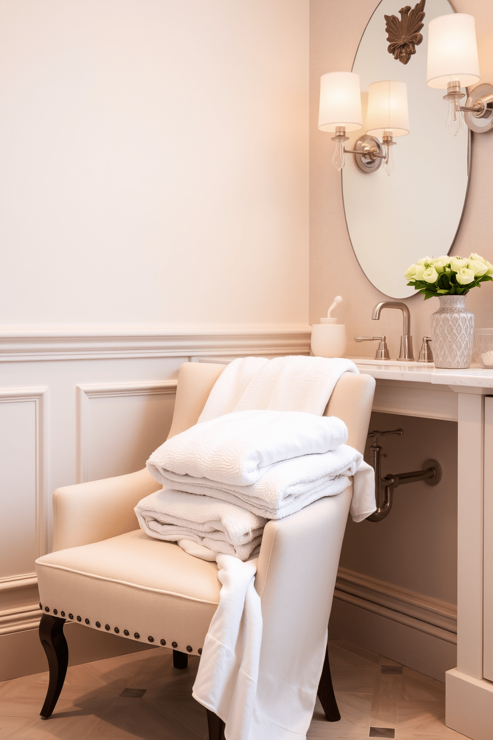 A stylish chair upholstered in soft fabric sits in a serene bathroom corner. Neatly draped over the chair are plush towels in a harmonious color palette that complements the overall decor. The bathroom features elegant fixtures and a calming ambiance. The towels add a touch of luxury while enhancing the visual appeal of the space.