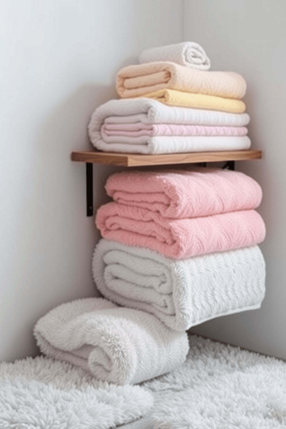 A stylish towel display features neatly rolled towels stacked on a wooden shelf, accompanied by matching bath mats that enhance the overall aesthetic. The towels are arranged in a gradient of soft pastels, creating a soothing and inviting atmosphere in the bathroom. The bath mats are plush and luxurious, complementing the towel display with their coordinated colors and textures. This design not only adds functionality but also elevates the visual appeal of the bathroom space.