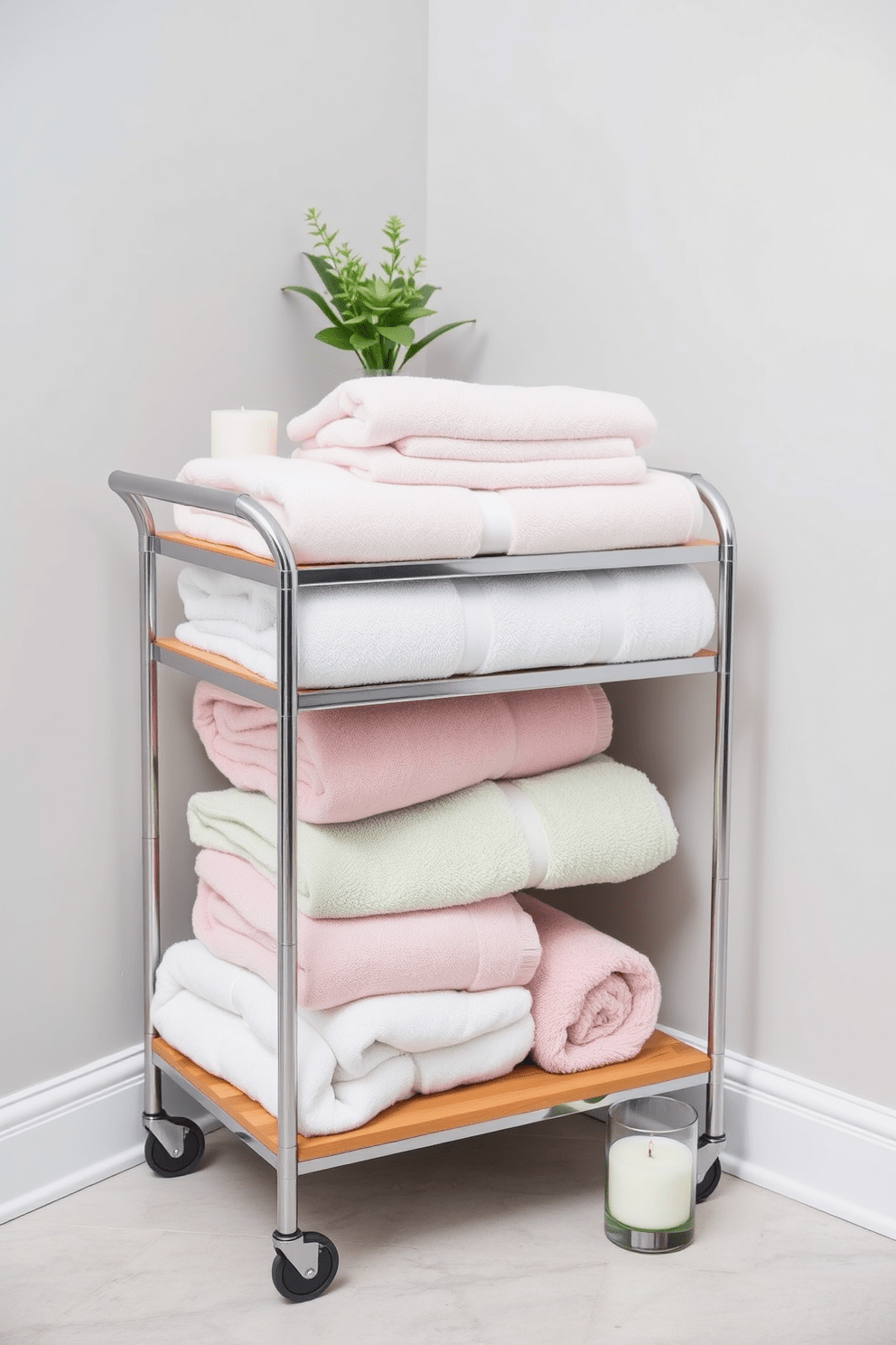 A stylish cart holds neatly folded towels in an array of soft pastel colors. The cart features a sleek metal frame with wooden shelves, adding a modern touch to the bathroom decor. Surrounding the cart are decorative elements like a small potted plant and a scented candle. The walls are painted in a calming neutral tone, enhancing the overall serene atmosphere of the space.