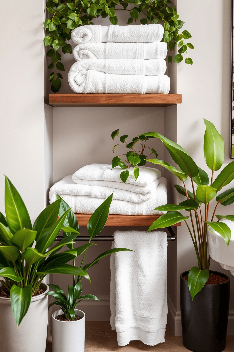 A stylish towel display featuring neatly arranged towels in soft neutral tones. Surrounding the display are lush greenery accents that add a refreshing touch to the bathroom ambiance. The towels are elegantly rolled and stacked on a sleek wooden shelf. Potted plants in varying heights are placed nearby, enhancing the natural aesthetic of the space.