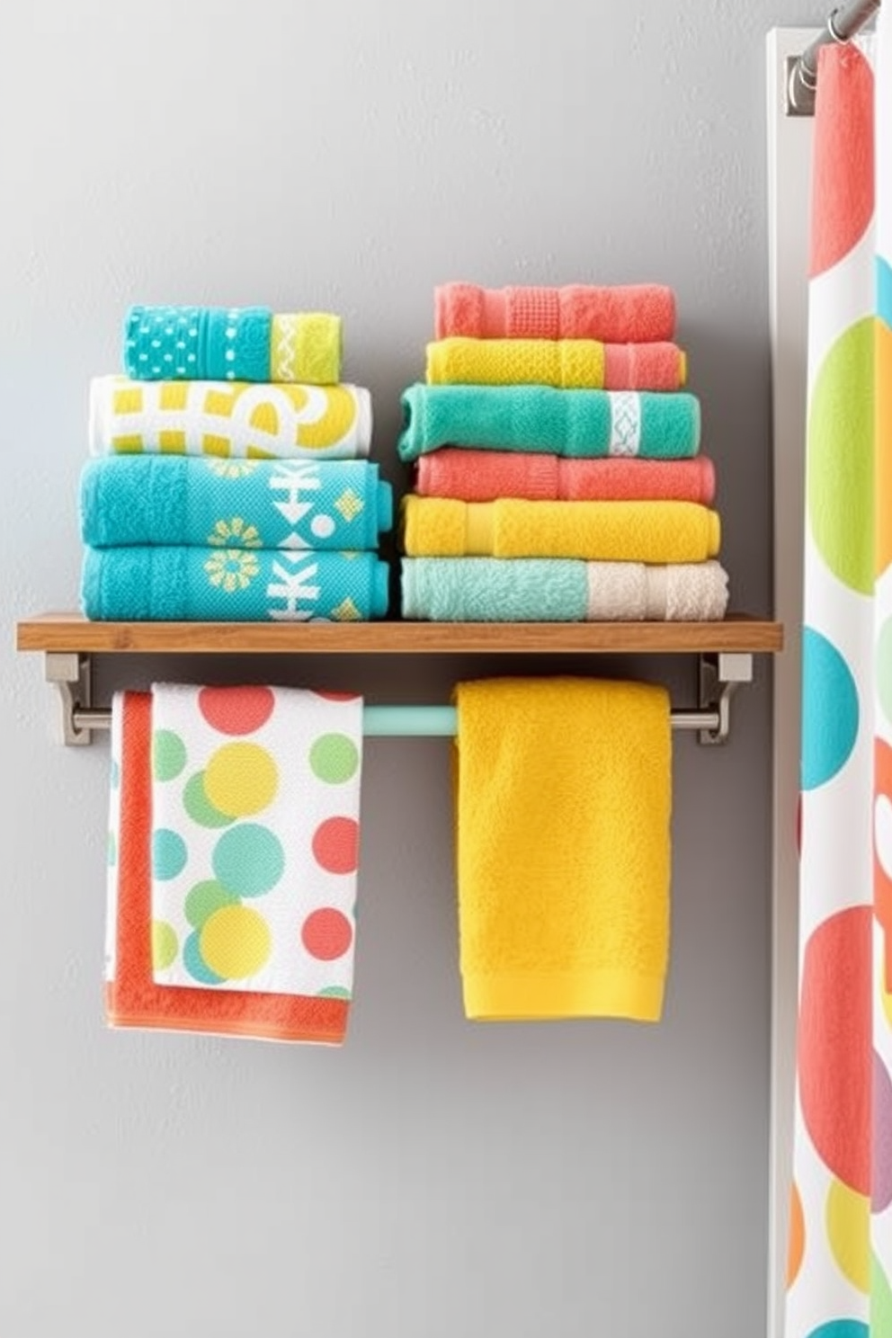 Colorful towel sets arranged neatly on a wooden shelf create a vibrant and inviting atmosphere. The towels feature a mix of bright patterns and solid colors, complementing a cheerful bathroom decor theme. A stylish towel rack holds an assortment of plush towels in shades of turquoise, coral, and sunny yellow. The backdrop includes a light gray wall and a playful shower curtain with abstract designs, enhancing the lively ambiance.