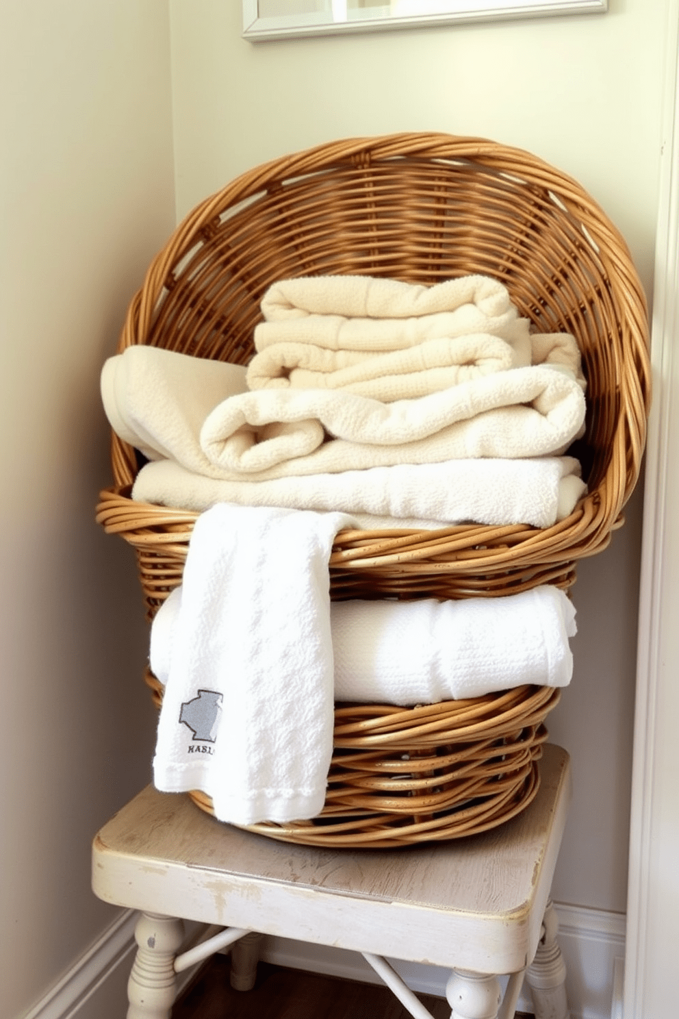 A rustic wicker basket filled with neatly layered towels in various shades of cream and soft beige sits in the corner of a cozy bathroom. The basket is placed on a weathered wooden stool, adding a touch of warmth and charm to the overall decor.