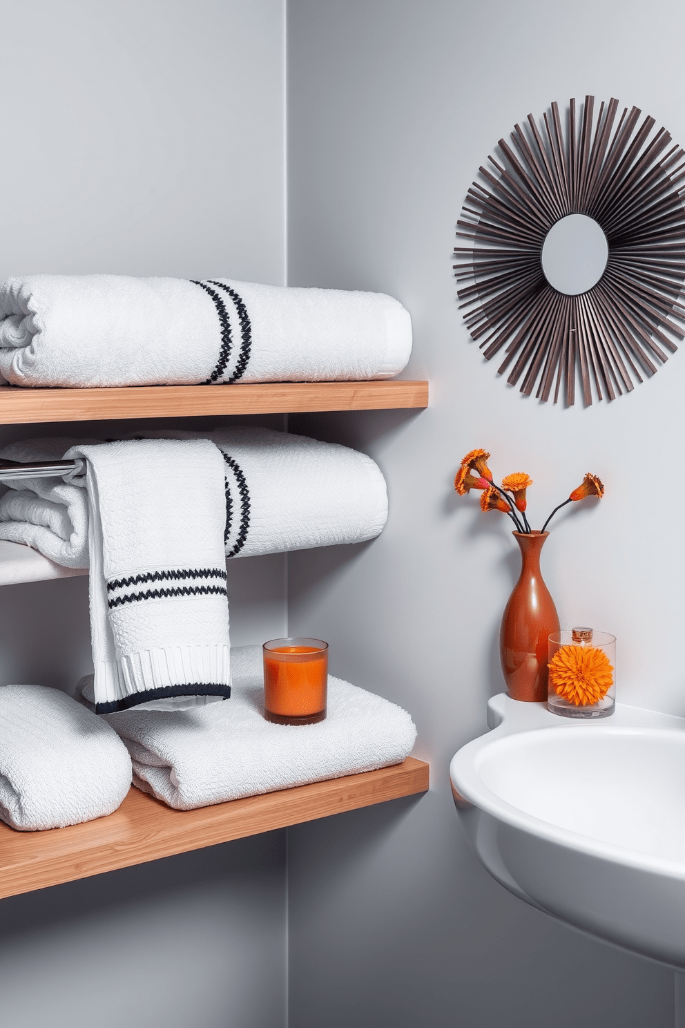 A serene bathroom setting featuring monochrome towels elegantly arranged with contrasting accents. The towels are neatly folded on a sleek wooden shelf, complemented by decorative elements in vibrant colors to create a striking visual contrast.