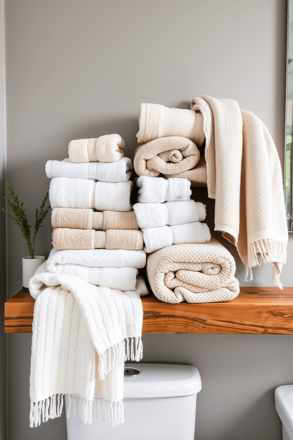 A stylish towel display is arranged on a reclaimed wood shelf, showcasing a variety of soft, textured towels in neutral tones. The rustic charm of the wood contrasts beautifully with the modern bathroom decor, creating a warm and inviting atmosphere. The towels are neatly folded and stacked, with some hanging casually for easy access. This practical yet aesthetic arrangement enhances the overall design while adding a touch of organic elegance to the space.