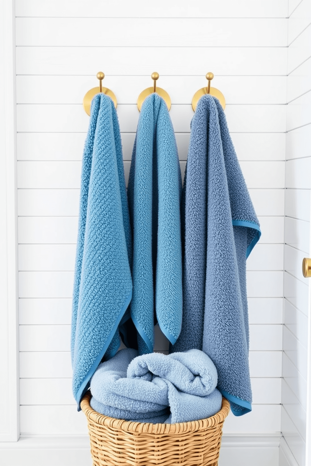 A modern bathroom featuring stylish hooks for hanging towels. The hooks are made of brushed brass and are mounted on a white shiplap wall, creating a clean and inviting look. Soft, fluffy towels in various shades of blue are neatly hung on the hooks. A woven basket sits below, filled with additional towels for easy access.