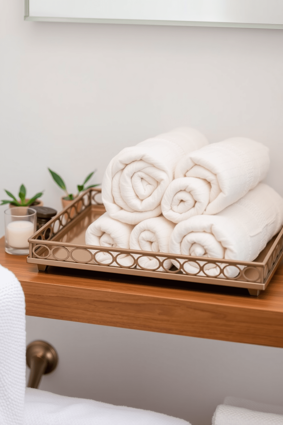 A decorative tray is elegantly arranged with neatly rolled towels in soft pastel colors. The tray sits on a wooden bathroom shelf, complemented by a small potted plant and a scented candle nearby. The towels are plush and luxurious, showcasing a subtle texture that enhances their visual appeal. This design idea creates a spa-like atmosphere, inviting relaxation and comfort into the bathroom space.