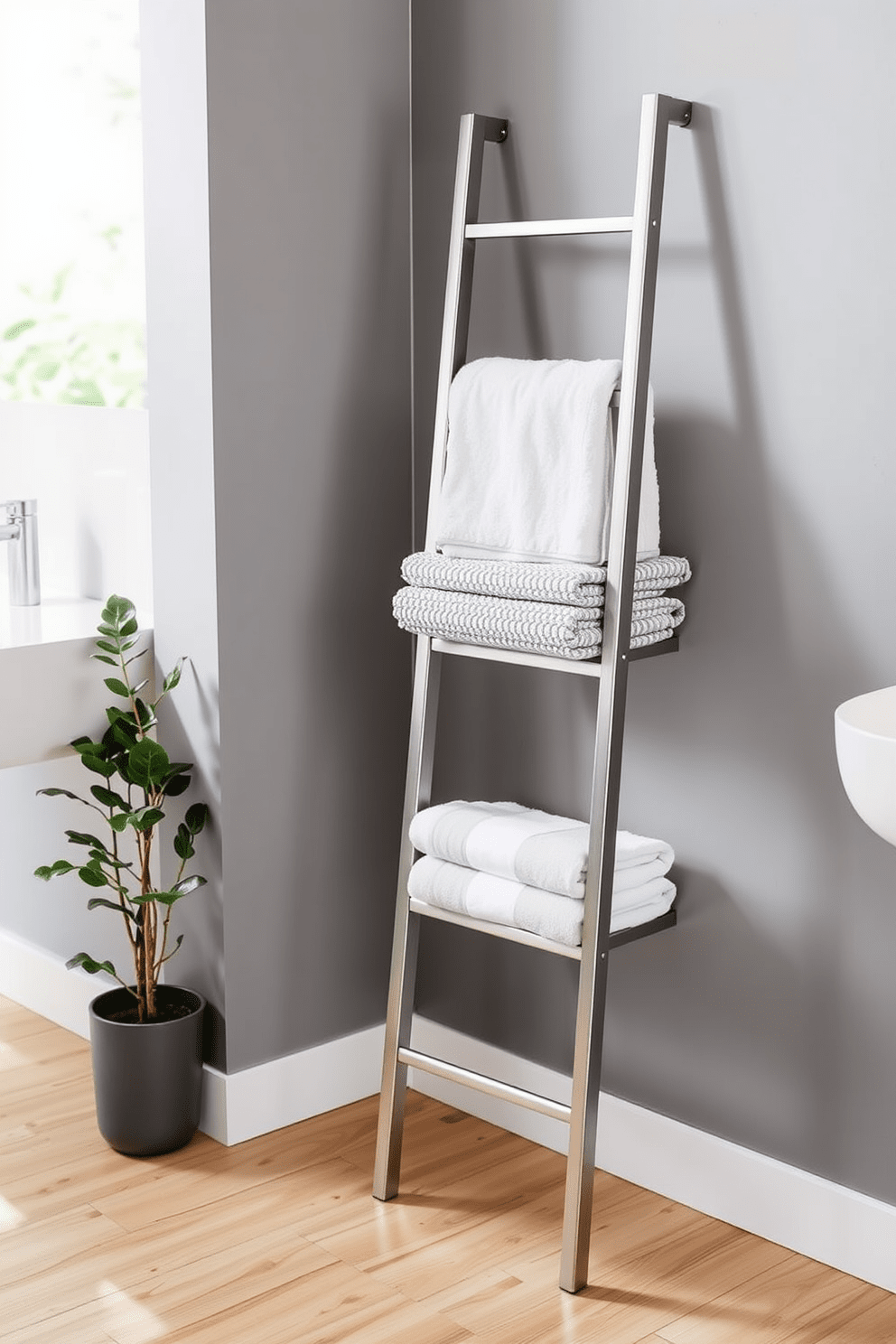 A sleek towel ladder made of brushed stainless steel leans against a wall, showcasing neatly folded towels in various shades of white and gray. The ladder's minimalist design adds a touch of modern elegance to the bathroom, complementing the clean lines of the surrounding decor. Next to the towel ladder, a small potted plant adds a pop of greenery, enhancing the fresh and airy atmosphere. The floor is adorned with light wood tiles, creating a warm contrast with the cool tones of the towels and fixtures.