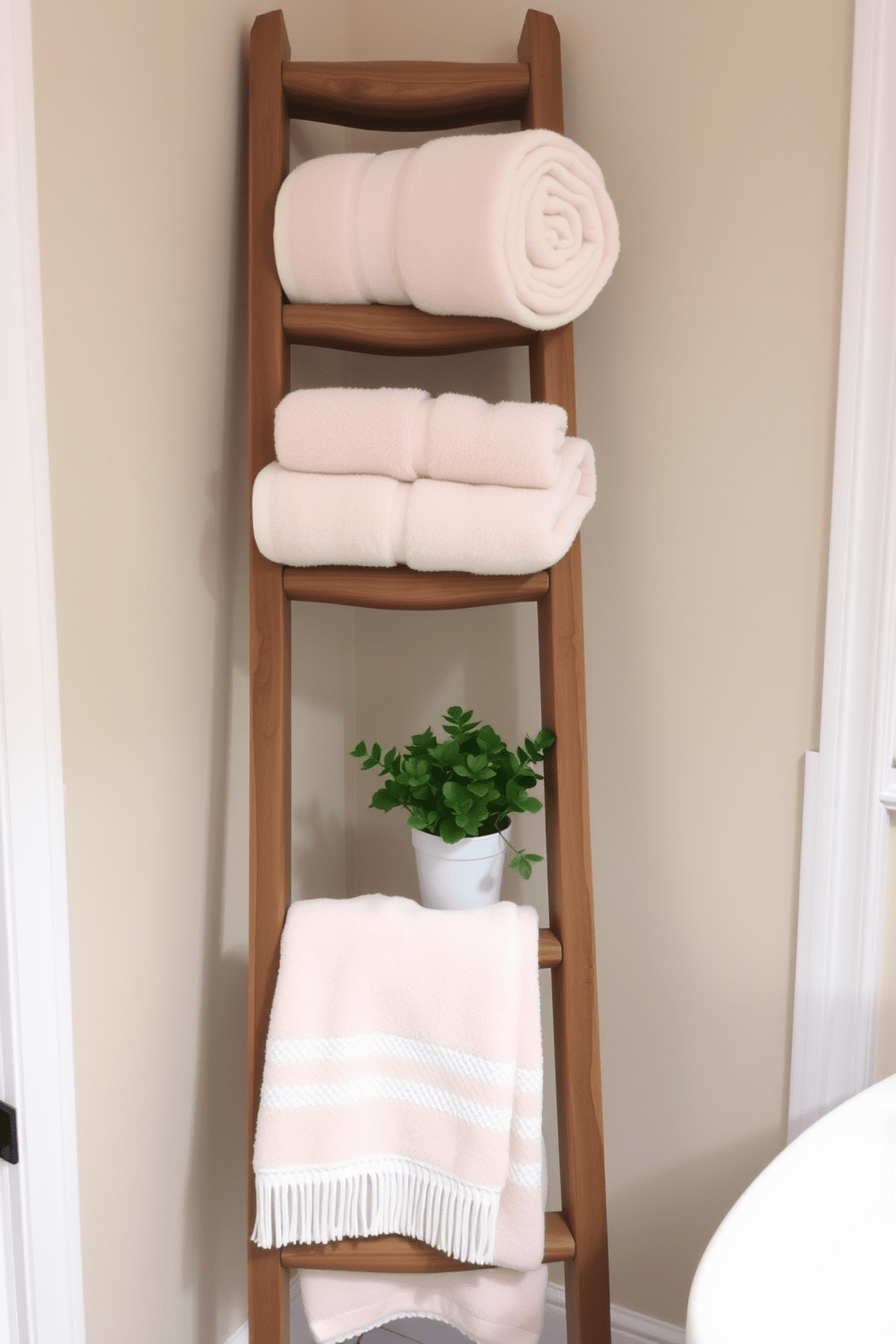 A vintage wooden ladder leans against a wall, elegantly displaying plush towels in soft pastel colors. The ladder's rustic charm is complemented by a small potted plant placed at its base, adding a touch of greenery to the bathroom decor. The towels are neatly rolled and arranged on each rung, creating an inviting and organized look. This creative towel display not only serves a functional purpose but also enhances the overall aesthetic of the bathroom space.