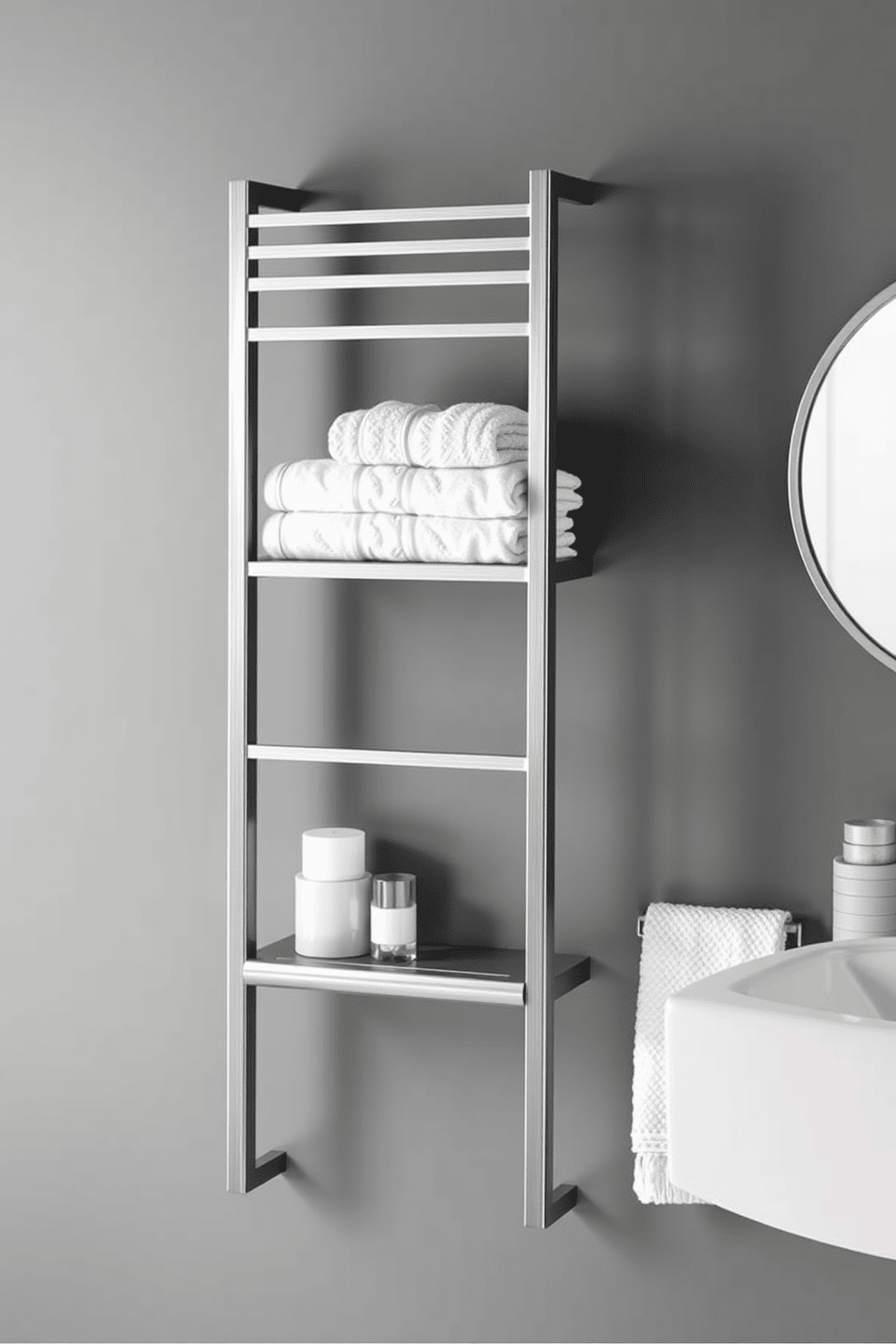 A modern towel rack with built-in storage seamlessly blends functionality and style. The design features sleek lines and a minimalist aesthetic, crafted from brushed stainless steel with a matte finish. The towel rack includes multiple shelves for folded towels and an integrated bar for hanging bath towels. The overall look is enhanced by a neutral color palette, making it a perfect addition to any contemporary bathroom.