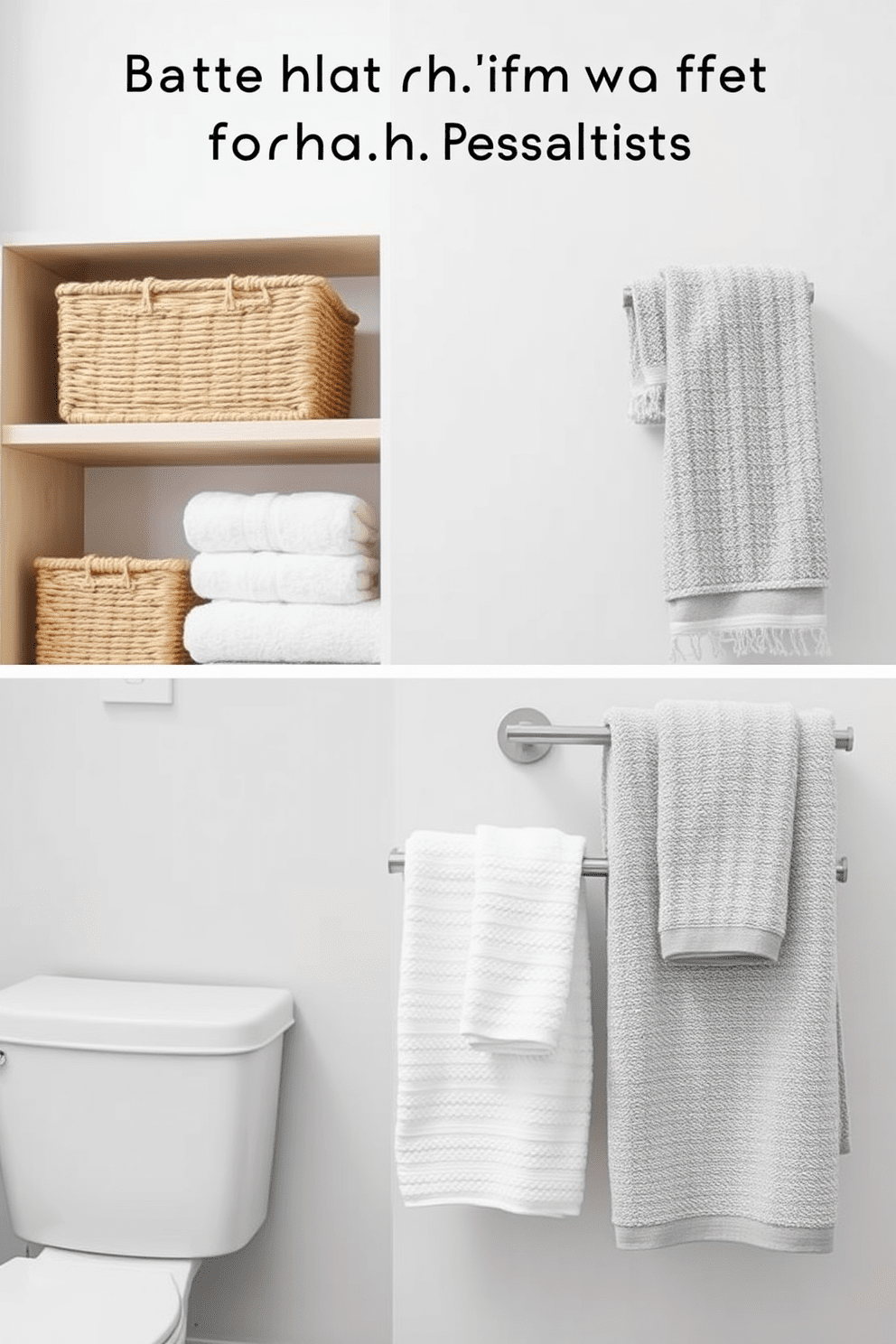 Create a serene bathroom atmosphere with stylish baskets for towel organization. Incorporate woven baskets in natural tones placed on open shelves to add texture and warmth. Design a modern bathroom featuring a chic towel rack with a minimalist aesthetic. Use soft, fluffy towels in coordinating colors neatly arranged for both functionality and visual appeal.