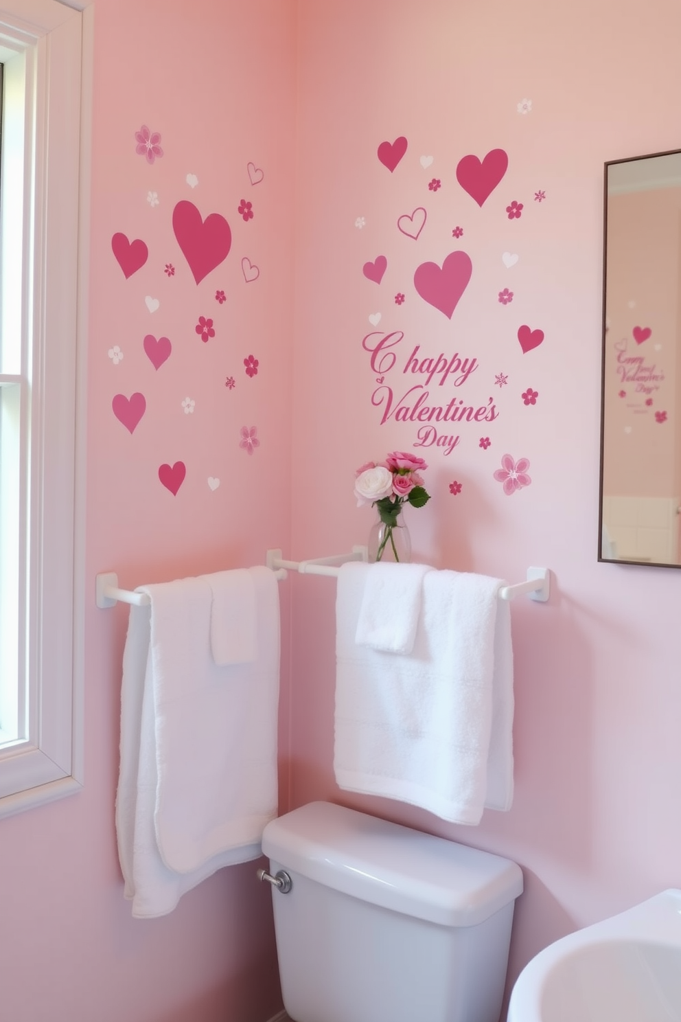 A charming bathroom adorned with sweetheart themed wall decals that celebrate love and romance. The decals feature hearts and floral designs in soft pastel colors, creating a whimsical atmosphere perfect for Valentine's Day. The walls are painted in a soft blush pink, enhancing the playful decor. A cozy white towel rack holds fluffy towels, while a small vase of fresh flowers adds a touch of elegance to the space.