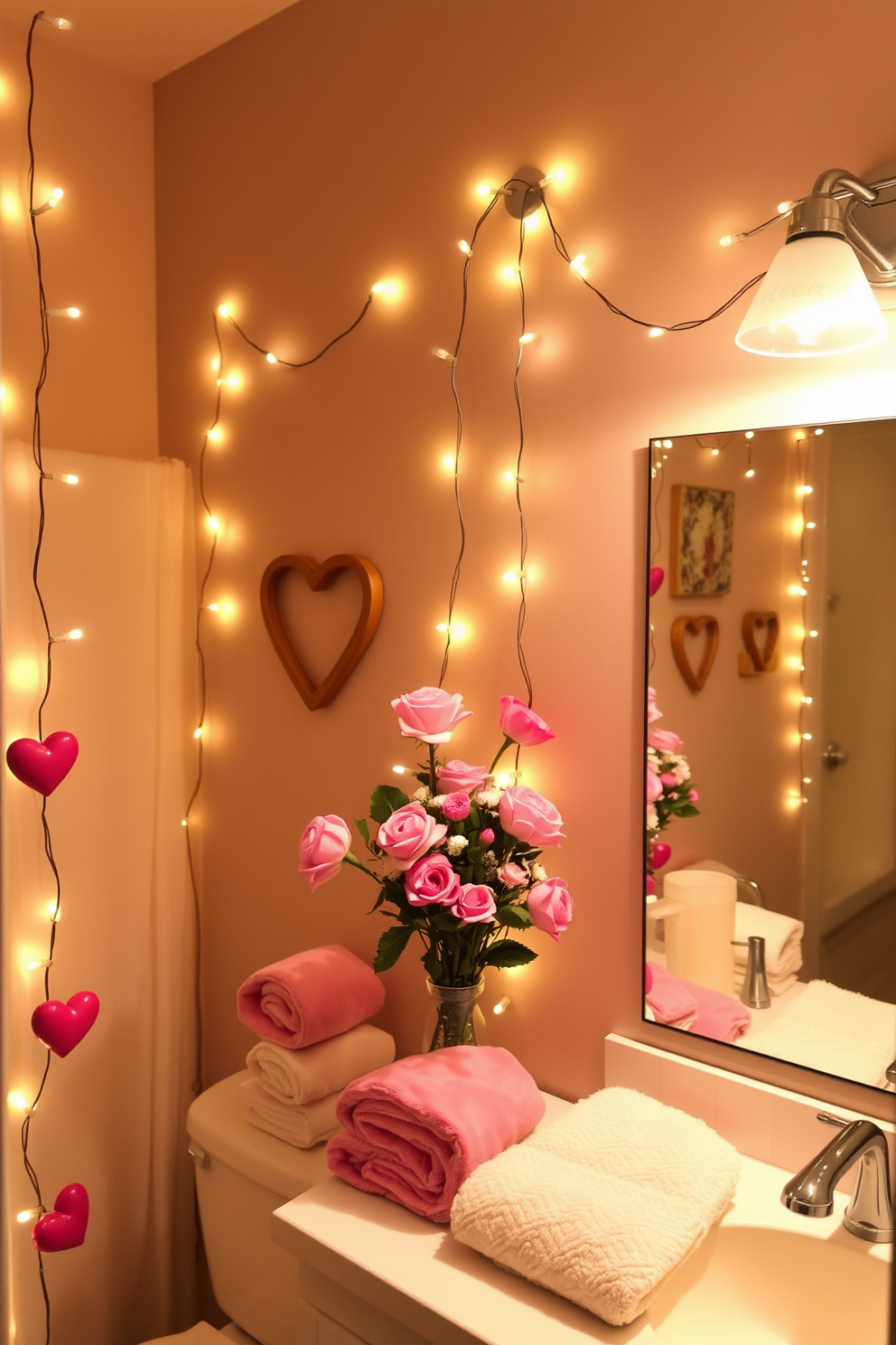 A cozy bathroom setting adorned with soft lighting from string lights draped elegantly along the walls. The warm glow creates a romantic atmosphere perfect for Valentine's Day, enhancing the overall design. Decorative elements include heart-shaped accents and fresh flowers arranged in a charming vase. Plush towels in soft pastels are neatly displayed, adding a touch of comfort and style to the space.