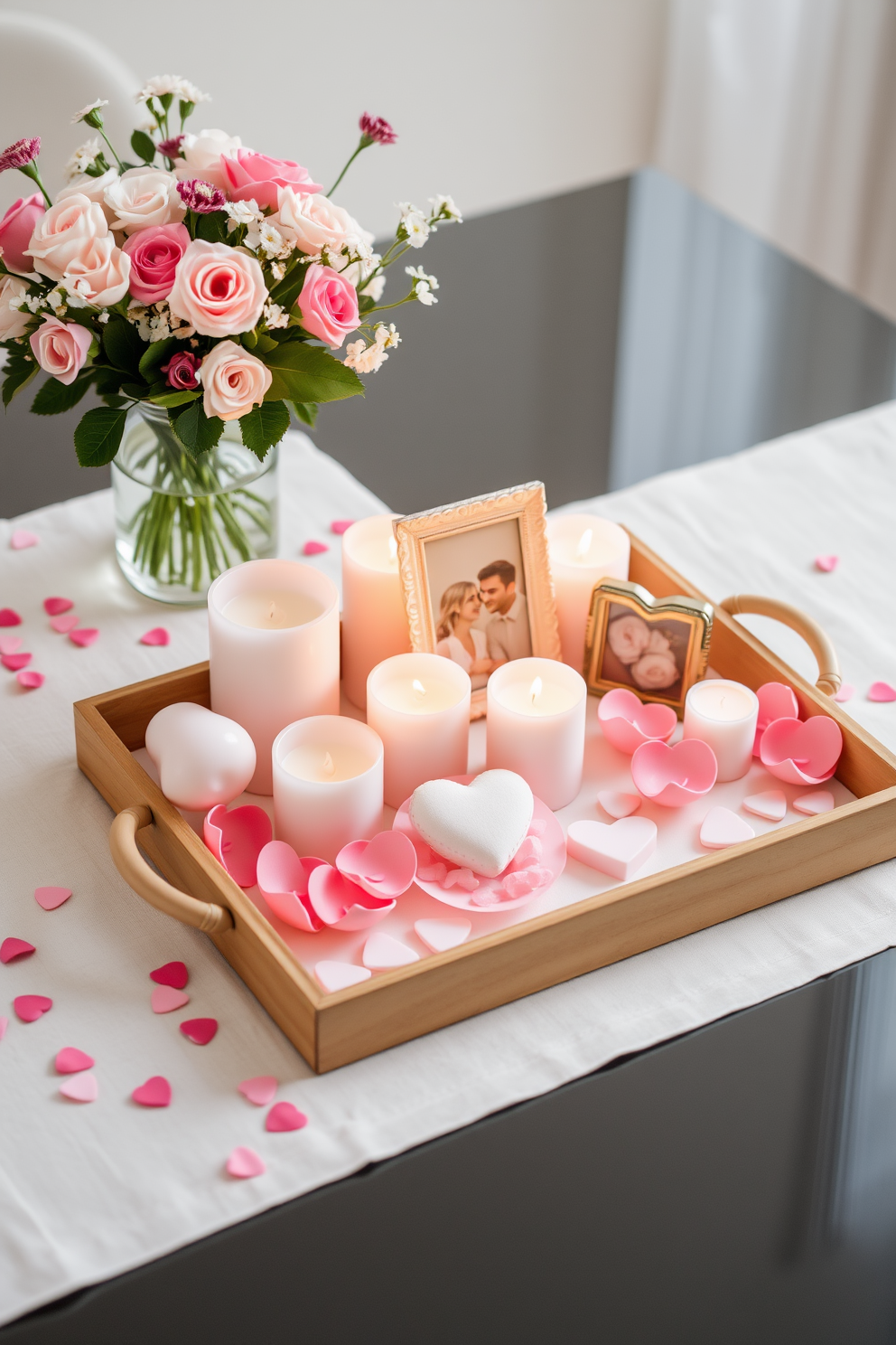 A beautifully arranged decorative tray features an assortment of love-themed items such as heart-shaped candles, delicate rose petals, and a small framed photo of a couple. The tray is placed on a soft linen table runner, adding a romantic touch to the overall decor. Incorporate pastel colors like blush pink and soft white to create a warm and inviting atmosphere. Surround the tray with fresh flowers in a vase and sprinkle some confetti hearts for a festive Valentine's Day feel.