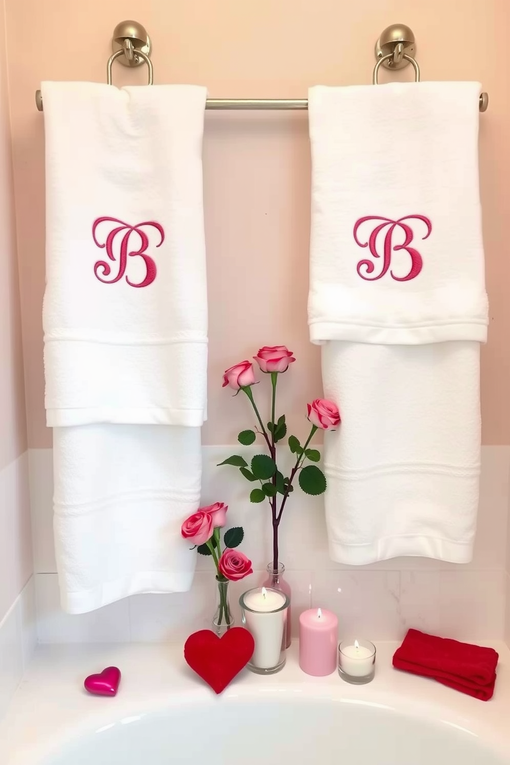 A cozy bathroom setting adorned with personalized towels featuring elegant initials embroidered on them. The soft color palette includes hints of blush and cream, creating a romantic atmosphere. Heart-themed decorations are tastefully arranged around the space, including small vases with fresh roses and heart-shaped candles. Subtle accents like red and pink towels complement the overall Valentine's Day theme, adding a touch of warmth and love.