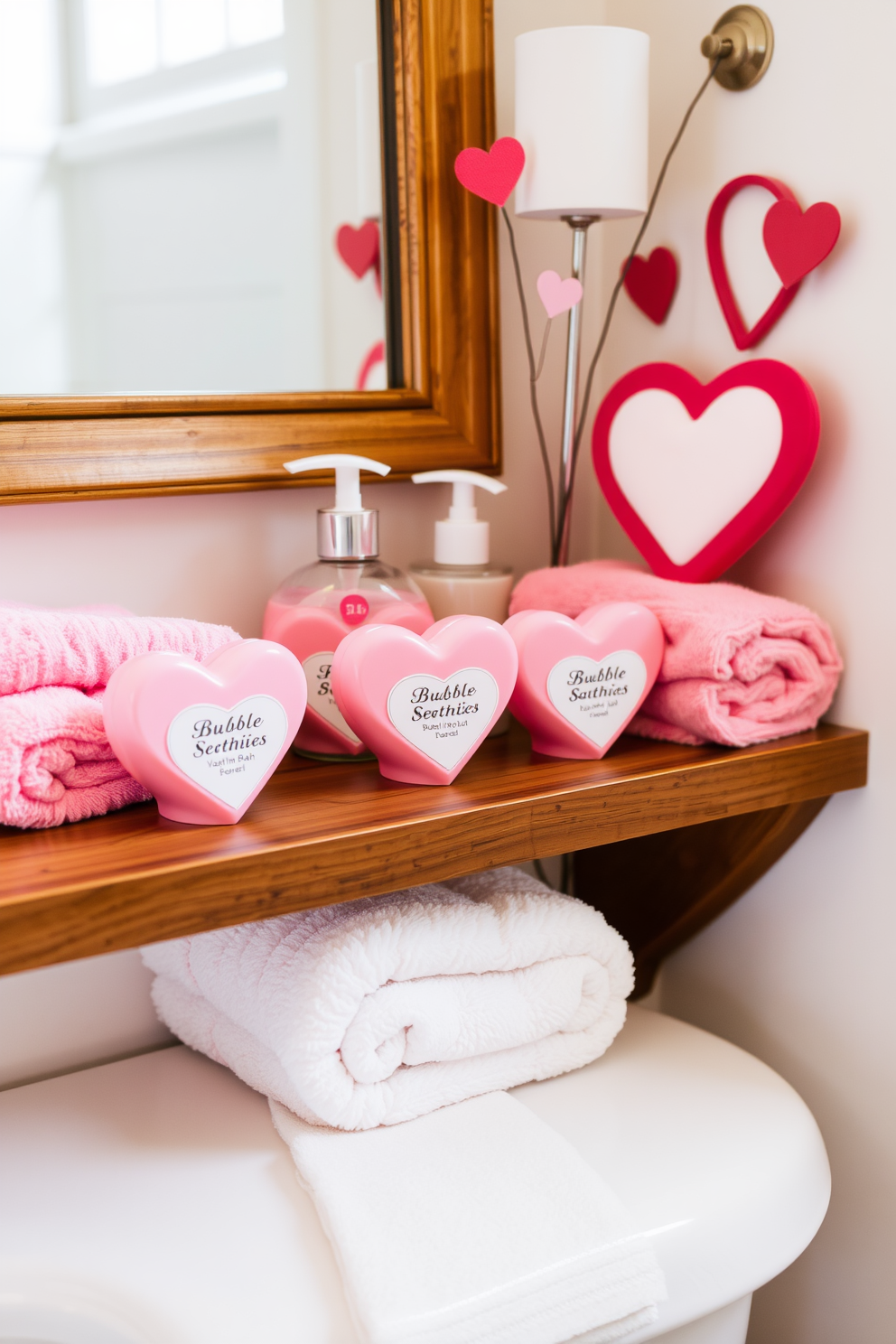 A cozy bathroom setting featuring bubble bath essentials arranged in charming heart-shaped containers. Soft pink and white towels are neatly folded on a wooden shelf, while heart-themed decorations add a festive touch for Valentine's Day.