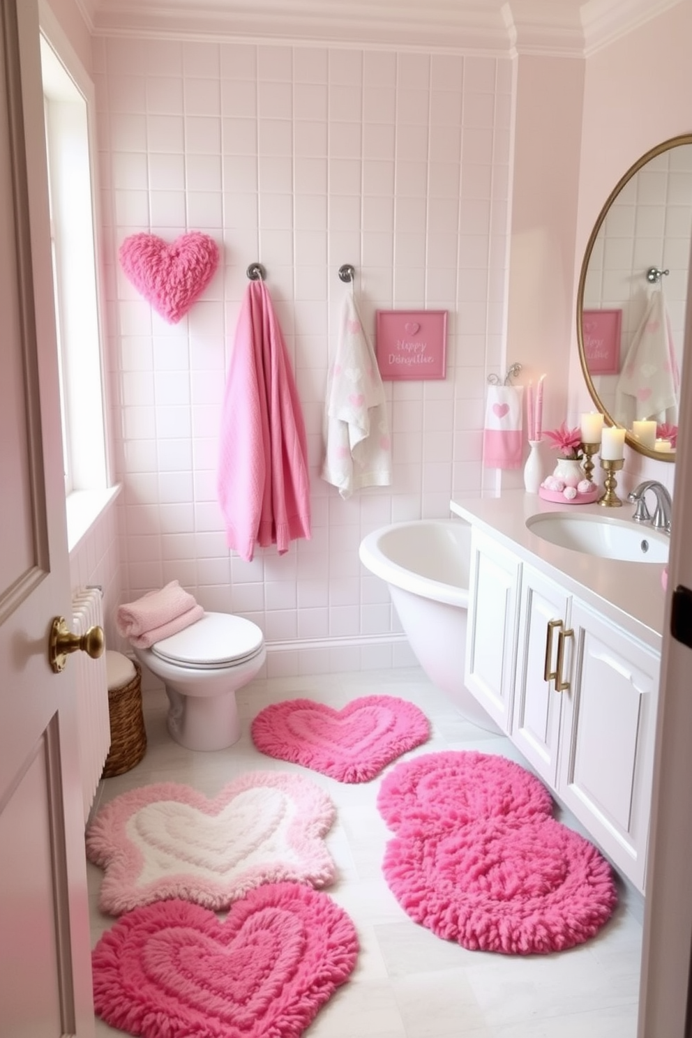 A charming bathroom adorned with cute heart-shaped bath mats in soft pink and white hues. The mats add a playful touch to the space, complementing the romantic Valentine's Day theme with delicate decorations like heart-themed towels and candles.