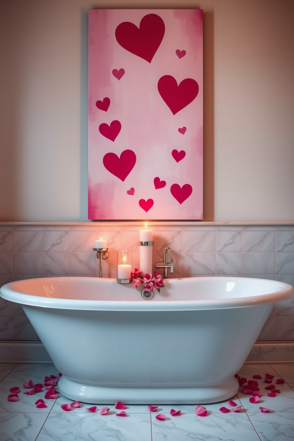 A romantic bathroom setting featuring Valentine themed artwork above a freestanding tub. The artwork includes soft pink and red hues with heart motifs, creating a warm and inviting atmosphere. The tub is surrounded by candles in elegant holders, adding a touch of luxury. Delicate rose petals are scattered around the edge of the tub, enhancing the Valentine's Day decor.