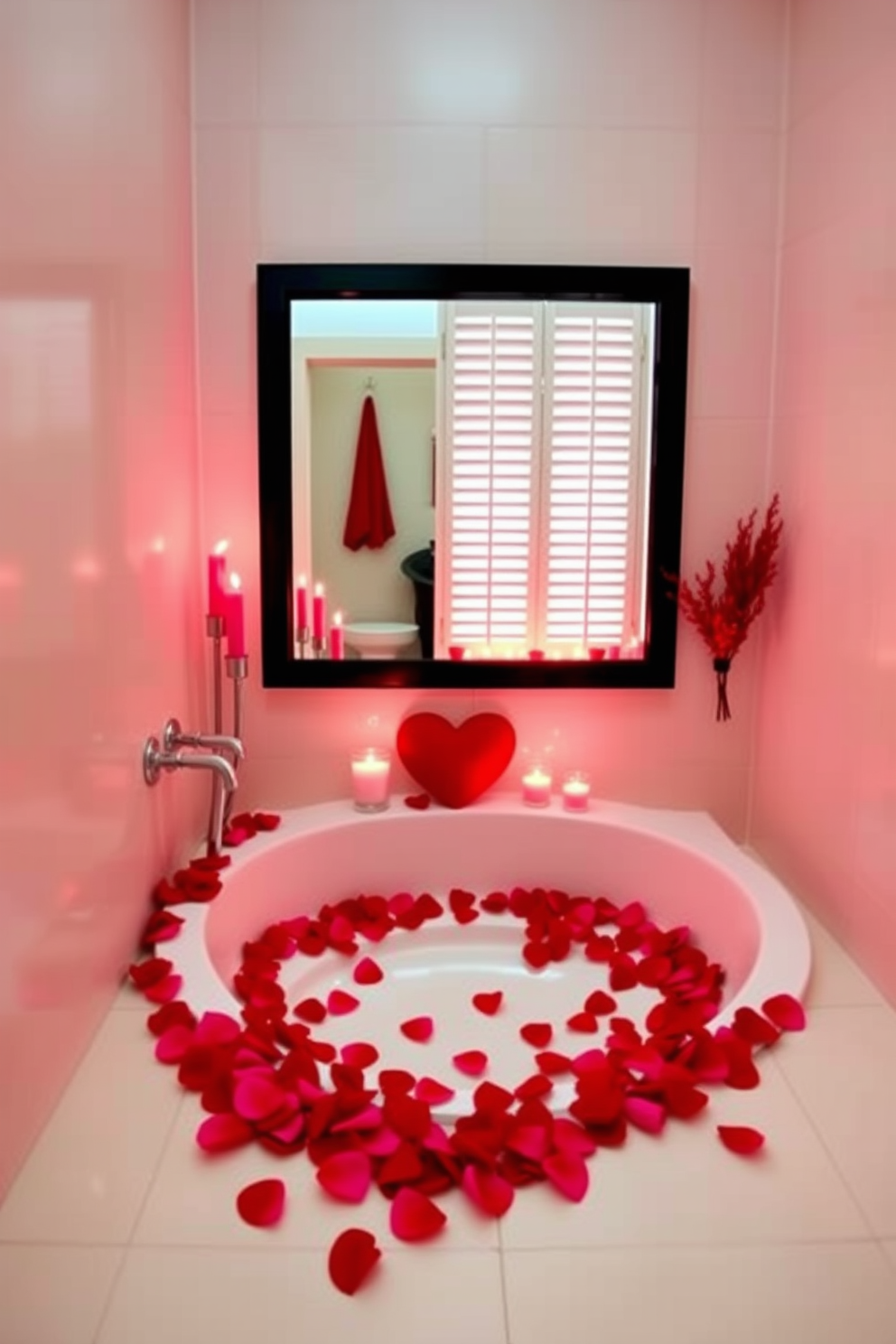 A romantic music playlist for ambiance. Soft melodies and gentle rhythms create an inviting atmosphere perfect for relaxation. Bathroom Valentines Day decorating ideas. Adorn the space with red and pink accents, including heart-shaped candles and rose petals scattered around the tub.