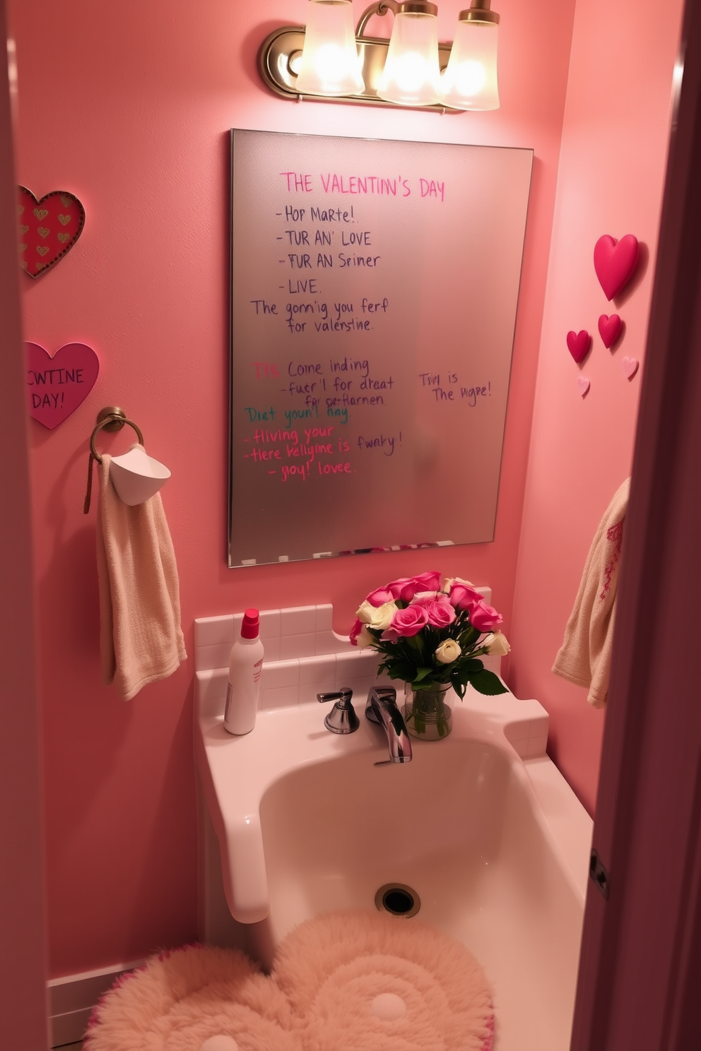 A cozy bathroom scene featuring a fogged mirror adorned with handwritten DIY love notes in colorful markers. Soft, ambient lighting creates a warm atmosphere, while a bouquet of fresh flowers sits on the sink, adding a touch of romance. The walls are painted in a soft pastel hue, complemented by decorative hearts and Valentine's Day-themed accents. A plush bath mat in a heart shape lies on the floor, enhancing the festive and loving ambiance of the space.