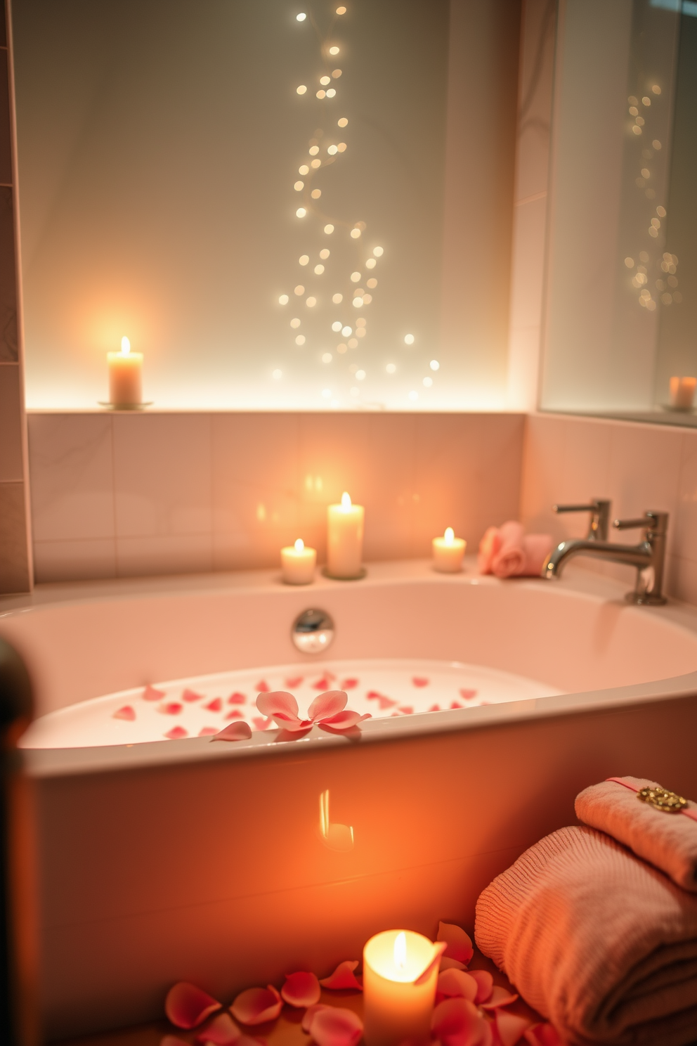 A candlelit bath setting invites romance and relaxation. Soft flickering lights reflect off the water, creating a warm and intimate atmosphere. The bathroom is adorned with delicate rose petals scattered around the tub. Elegant towels in soft pastel shades are neatly arranged, enhancing the romantic vibe for Valentine's Day.