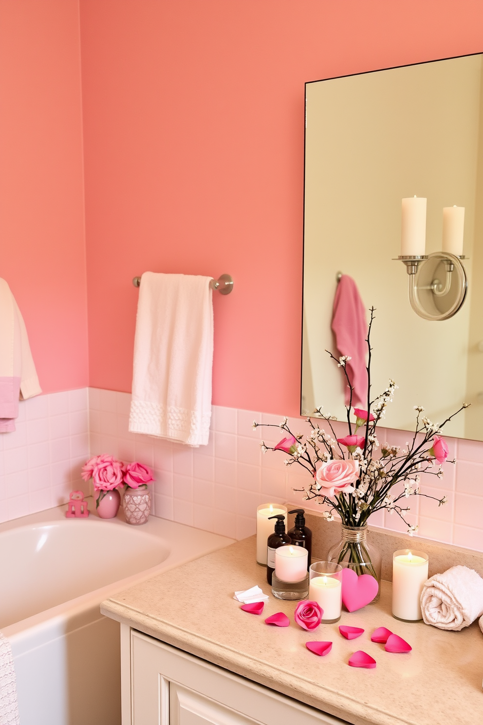 A serene bathroom atmosphere infused with seasonal scents from essential oil diffusers. Soft pastel colors adorn the walls, complemented by plush towels and romantic candle arrangements. Valentines Day decorations create a warm and inviting space. Heart-shaped accents and delicate floral arrangements adorn the vanity, enhancing the overall ambiance of love and relaxation.