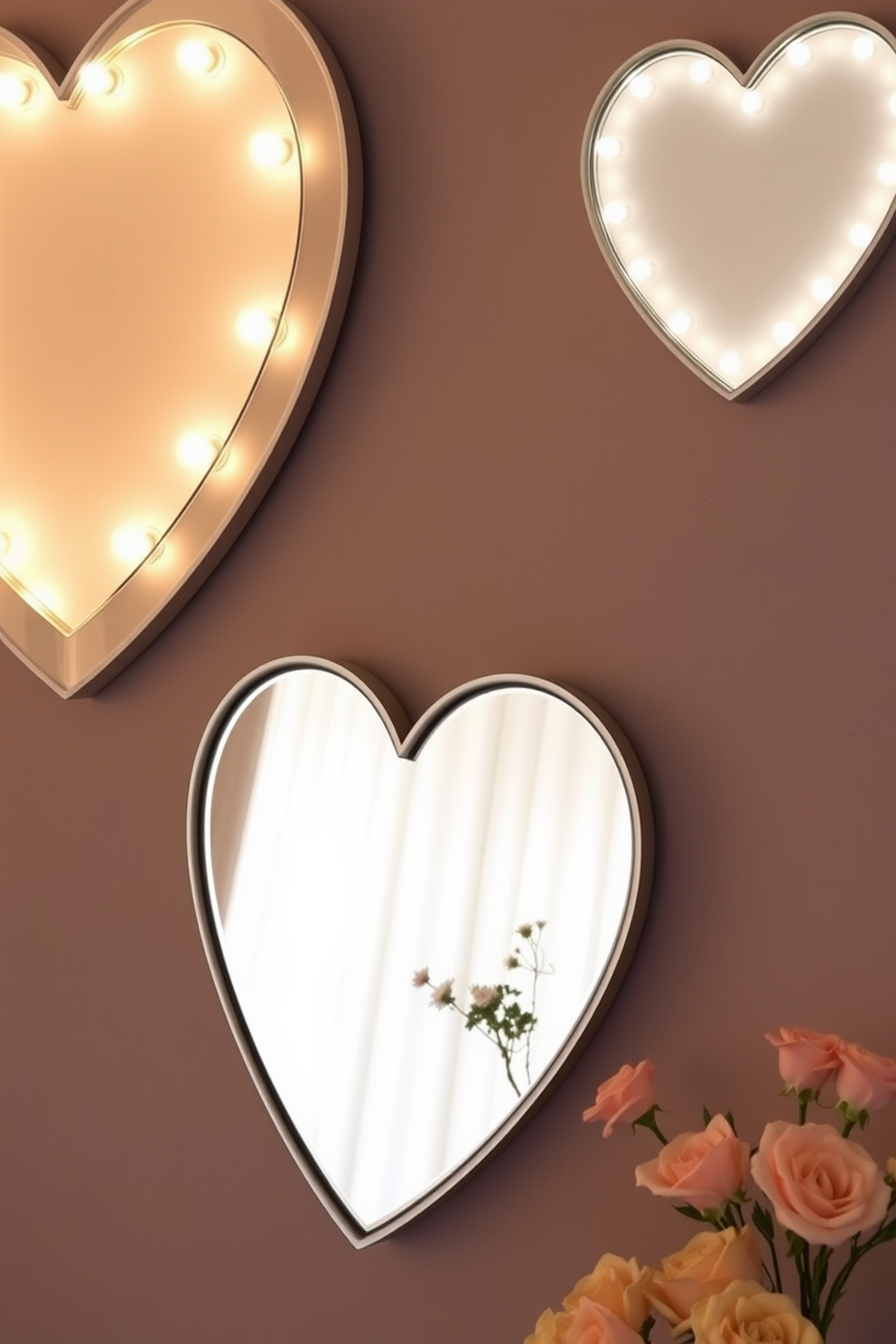 Heart shaped wall mirrors adorn the walls, reflecting soft ambient light and creating a romantic atmosphere. The mirrors are complemented by delicate floral arrangements and soft pastel colors that evoke the spirit of Valentine's Day.