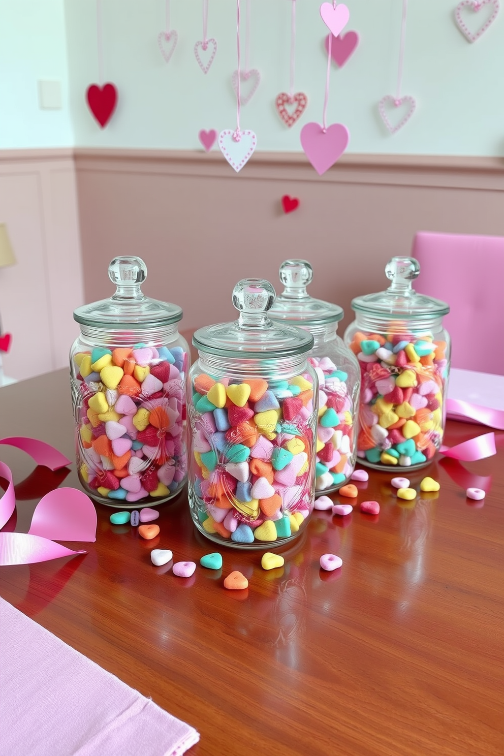 Decorative jars filled with colorful candy hearts are arranged on a polished wooden table. The jars are clear glass with intricate designs, showcasing the vibrant hues of the candy inside. Surrounding the jars, soft pink and red accents create a romantic atmosphere. Delicate heart-shaped decorations hang from the walls, enhancing the festive Valentine's Day theme.