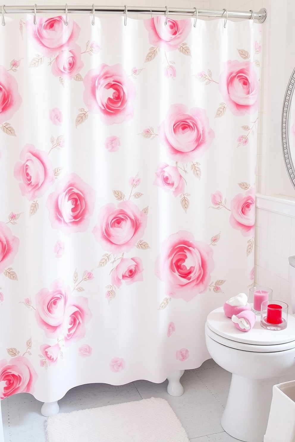 Elegant floral shower curtain design. The curtain features a delicate pattern of blooming roses in soft pink and white hues against a light pastel background. Bathroom Valentines Day Decorating Ideas. Adorn the space with heart-shaped accessories and soft red accents to create a romantic atmosphere.